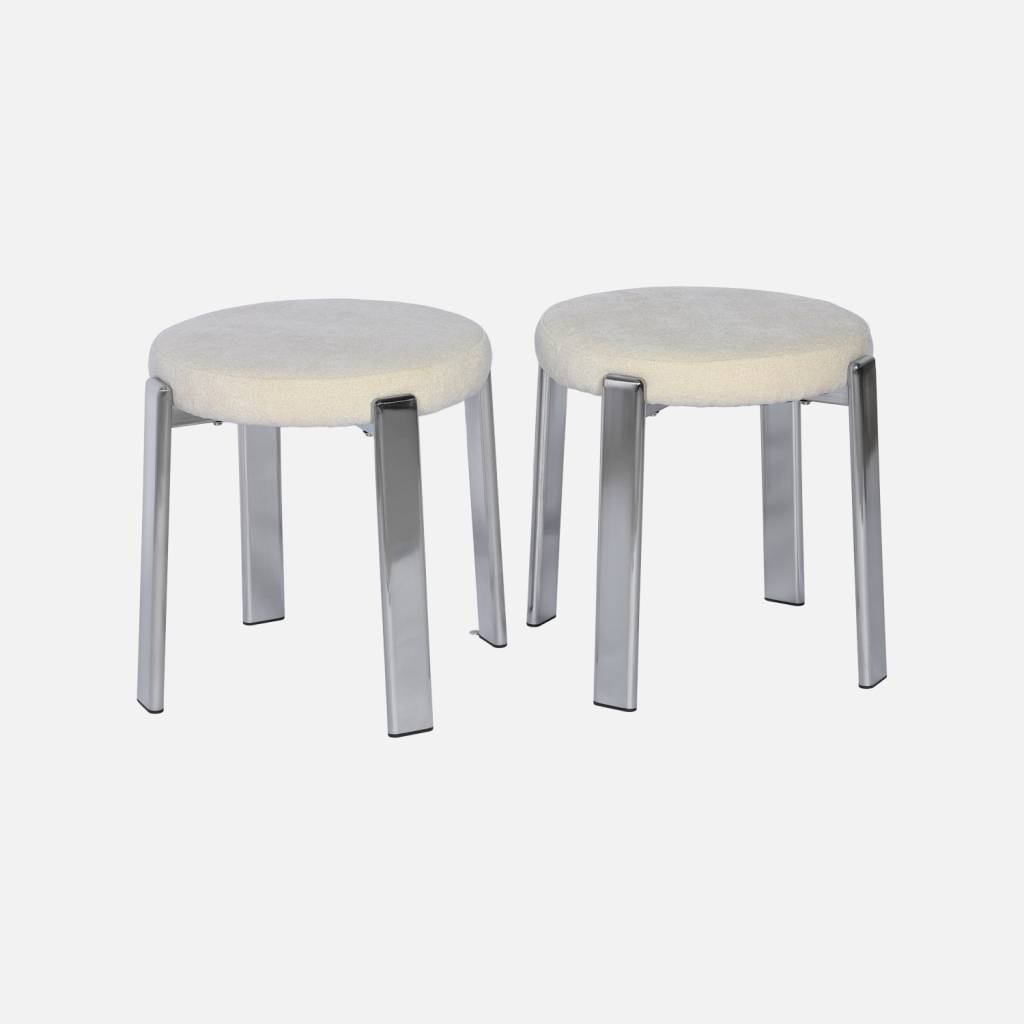 2 tabourets acier chromé et tissu texturé crème