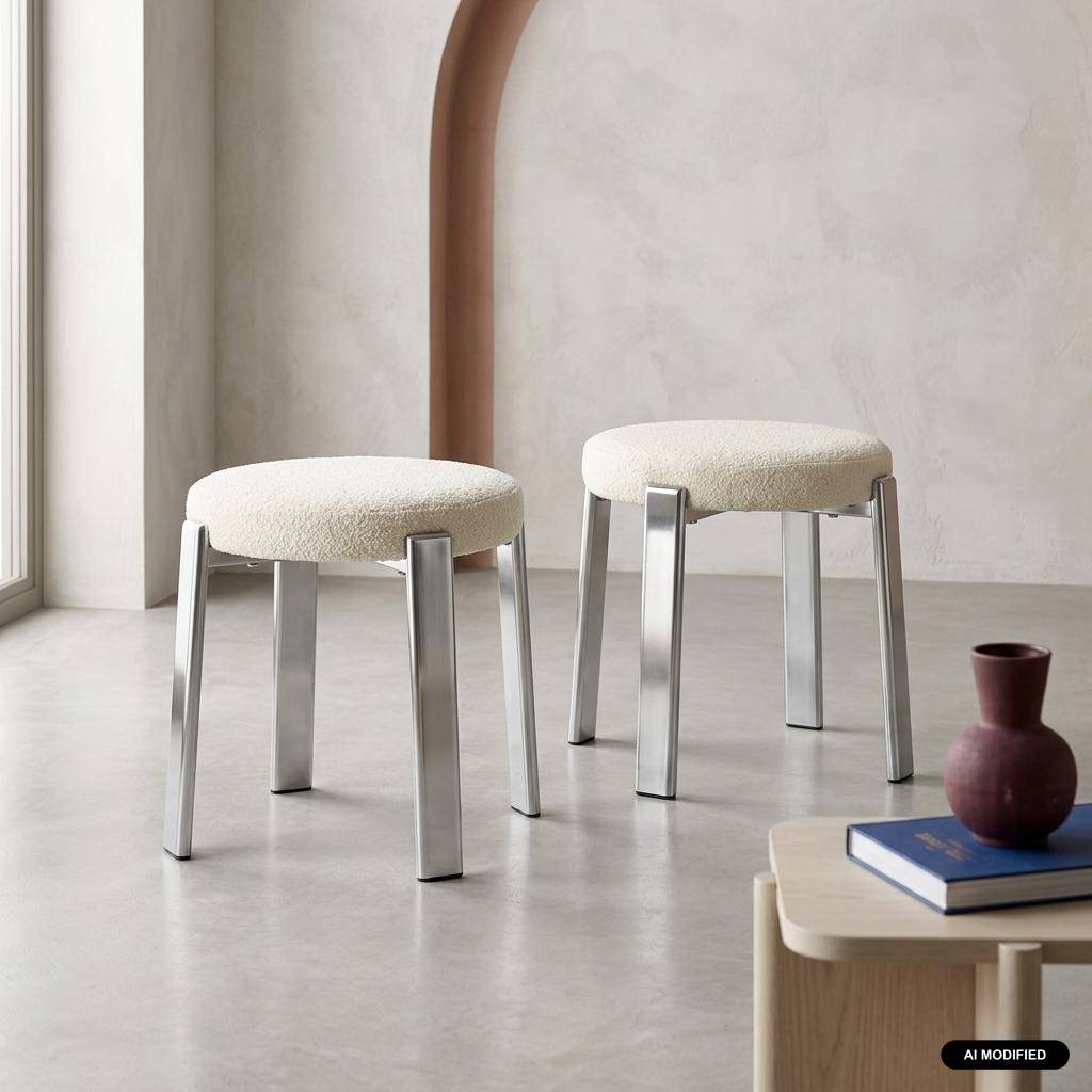 Lot de 2 tabourets vintage acier chromé et tissu texturé crème - Gloria Photo1