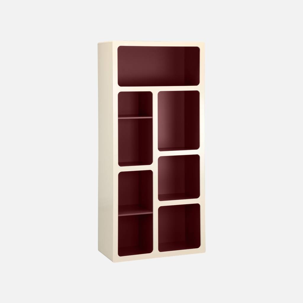 Etagère bibliothèque organique décor bois 8 compartiments bordeaux