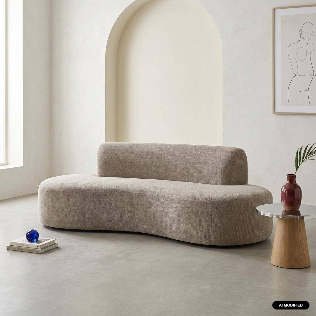 Sofá curvo em chenille embalado a vácuo, 3 lugares, Curv, Bege escuro, 227x102x69 cm,sweeek,Photo1