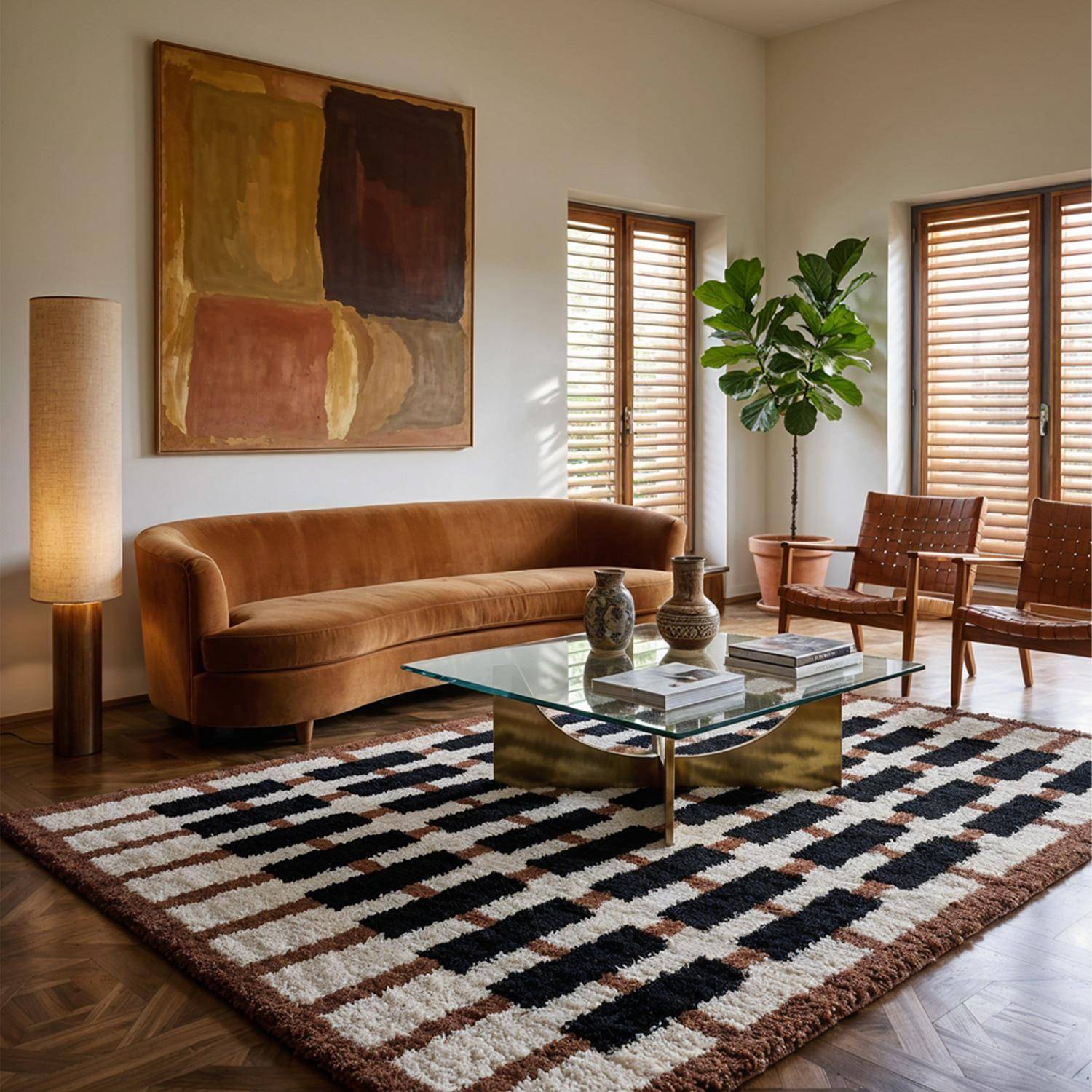 Tapis intérieur motif géométrique crème, terracotta et noir 160 x 230cm - Juno  Photo1