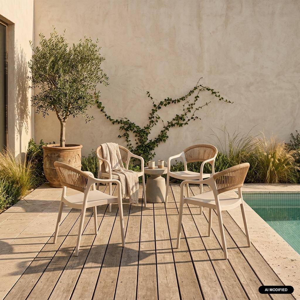 Cadeira de jardim empilhável com efeito de corda, set de 4, Jovia, Natural, 55.5x48.5x78 cm,sweeek,Photo1