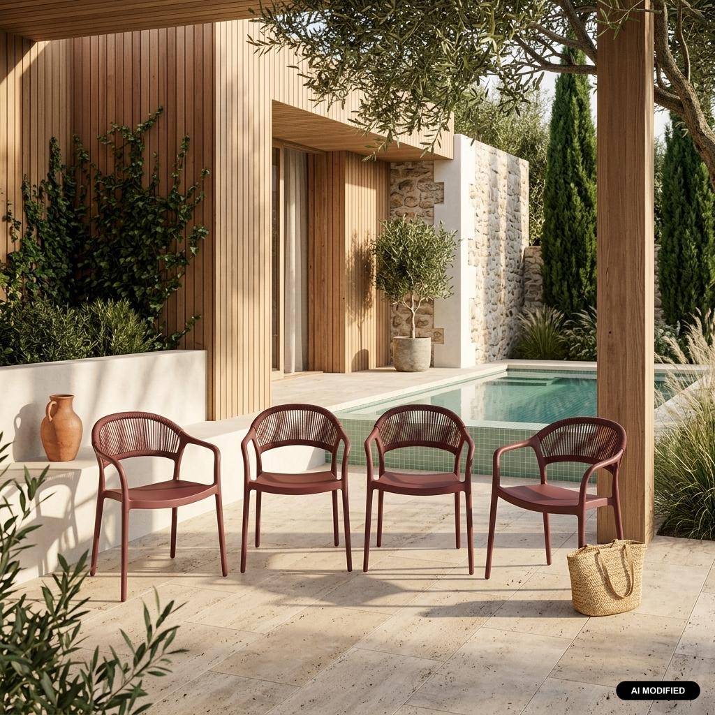 Cadeira de jardim empilhável com efeito de corda, set de 4, Jovia, Borgonha, 55.5x48.5x78 cm,sweeek,Photo1