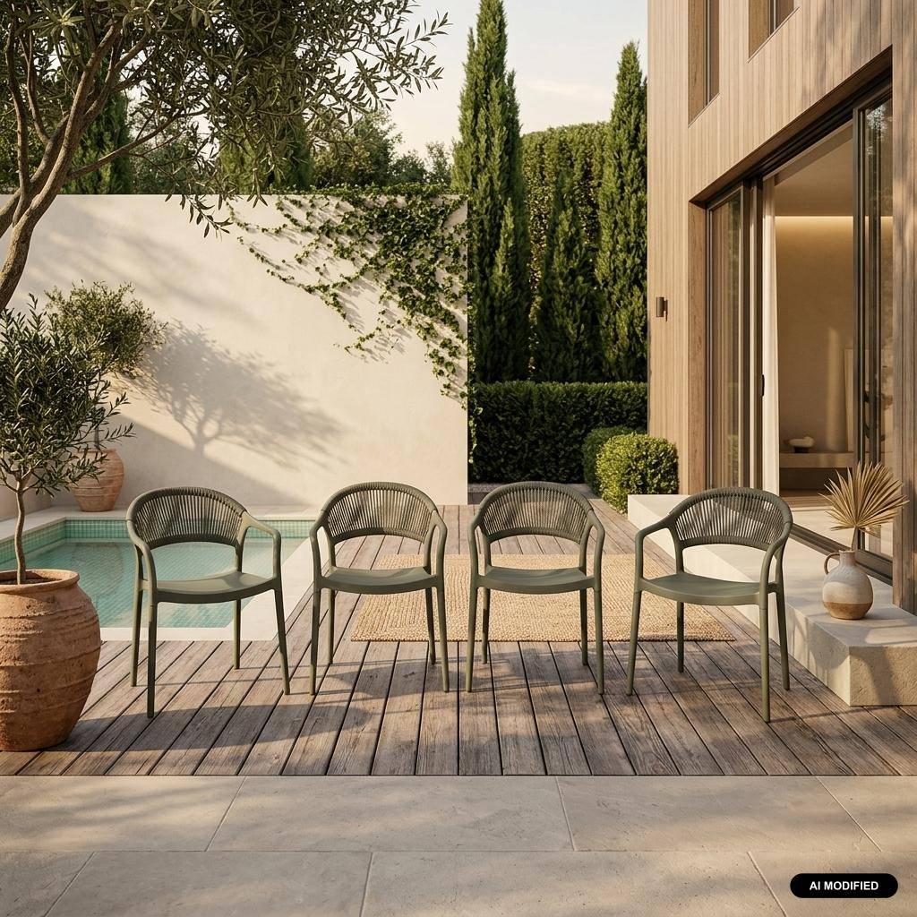 Cadeira de jardim empilhável com efeito de corda, set de 4, Jovia, Verde caqui, 55.5x48.5x78 cm Photo1