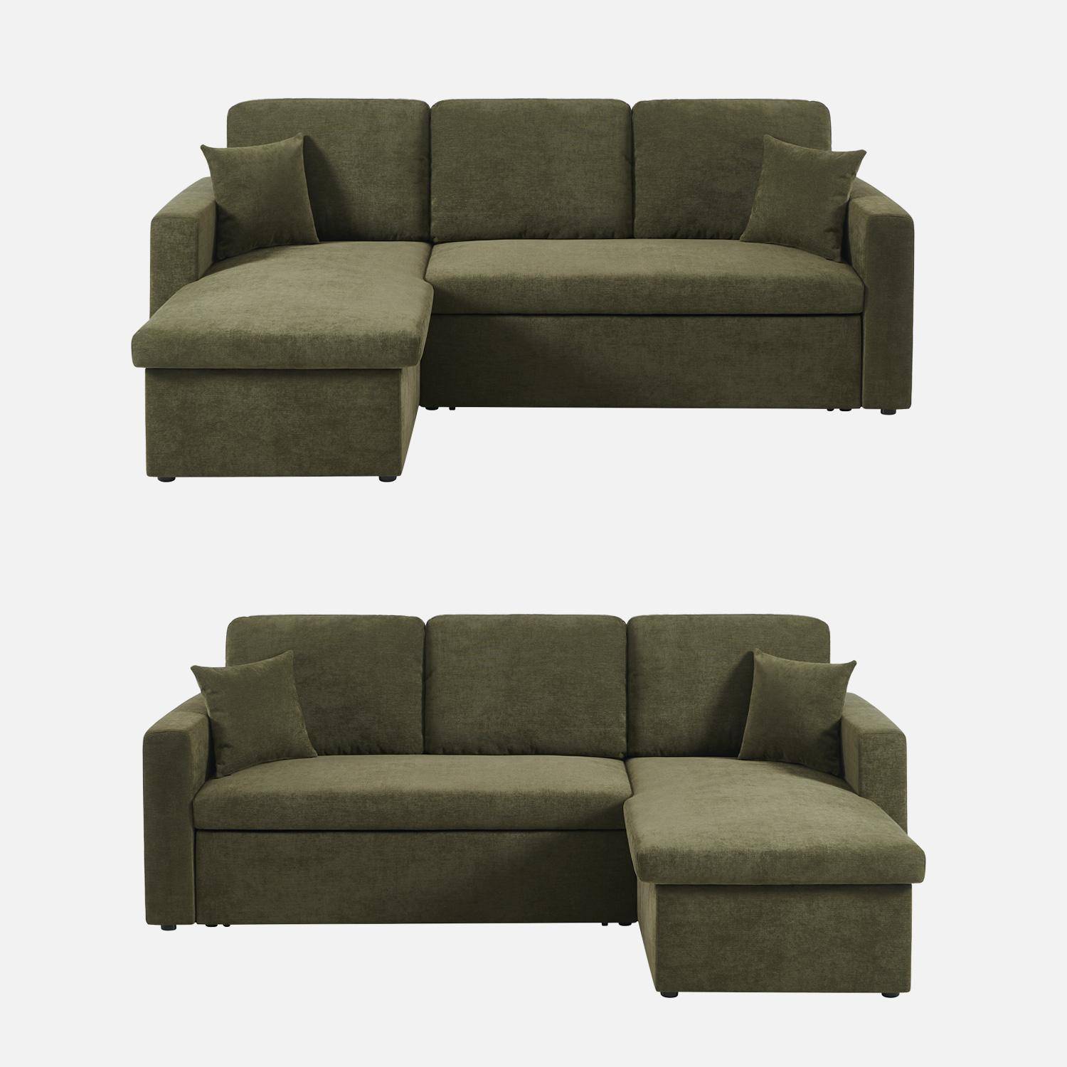 Canapé d'angle convertible réversible 3 places tissu chenille avec coffre kaki - Ida Photo2