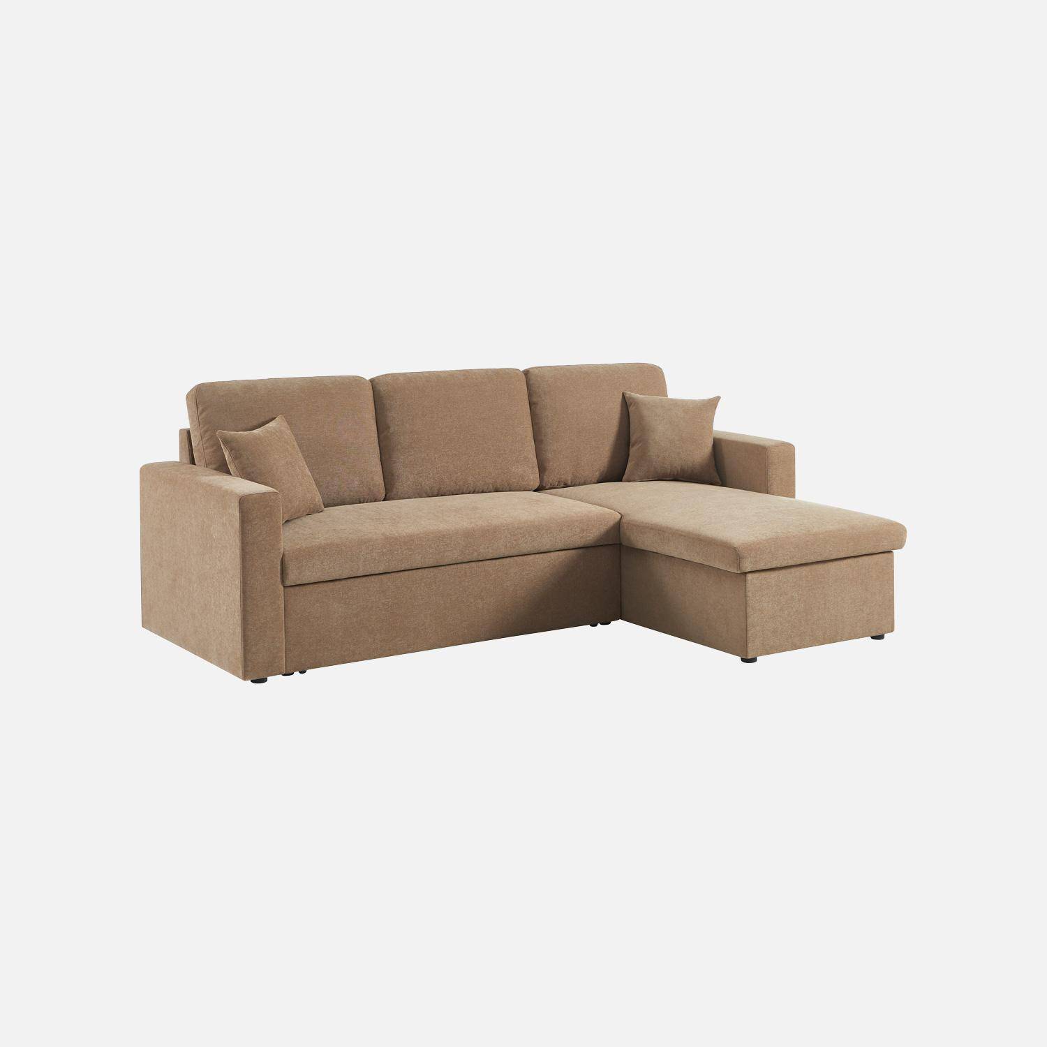 Canapé d'angle convertible réversible 3 places tissu chenille avec coffre marron clair - Ida Photo1