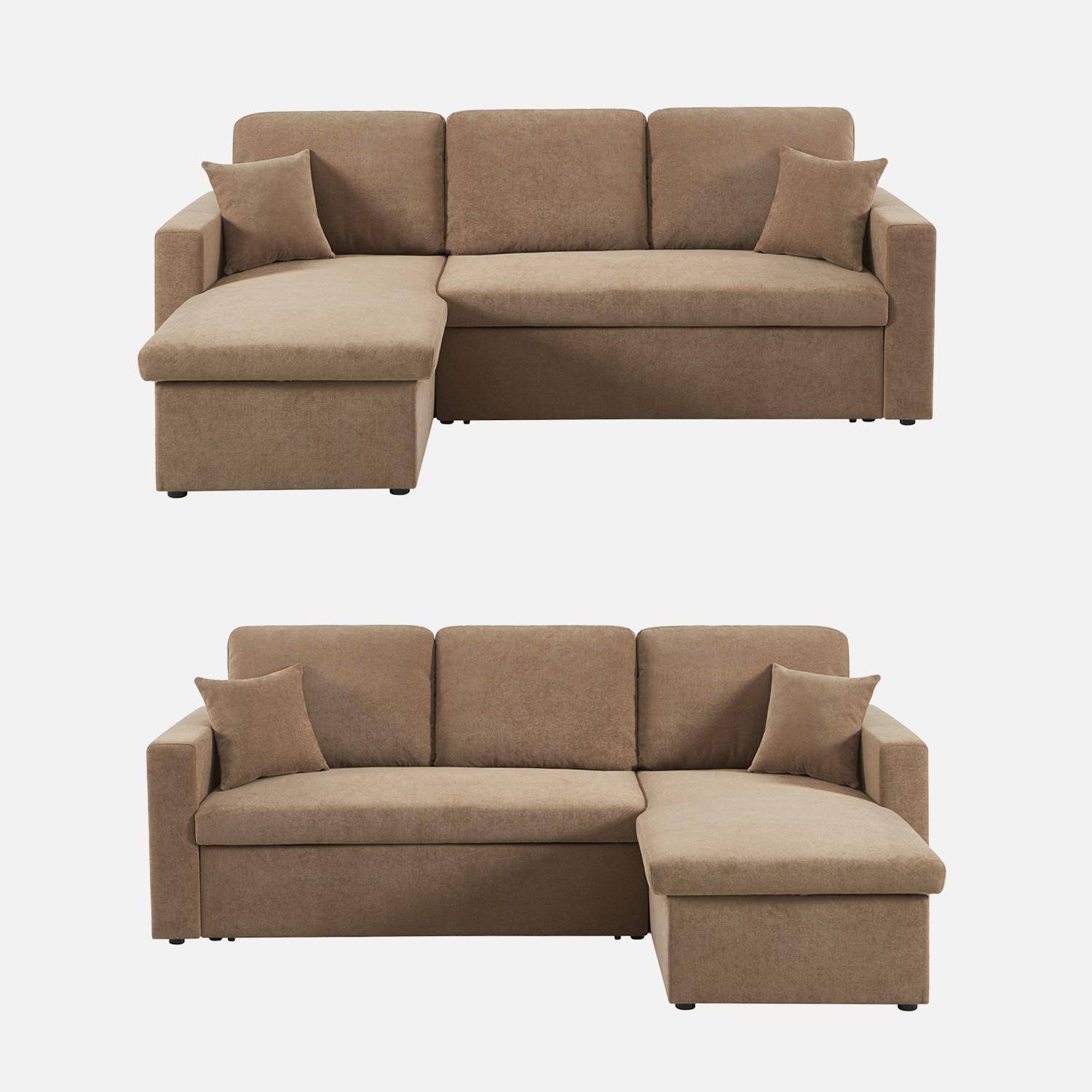Canapé d'angle convertible réversible 3 places tissu chenille avec coffre marron clair - Ida Photo2