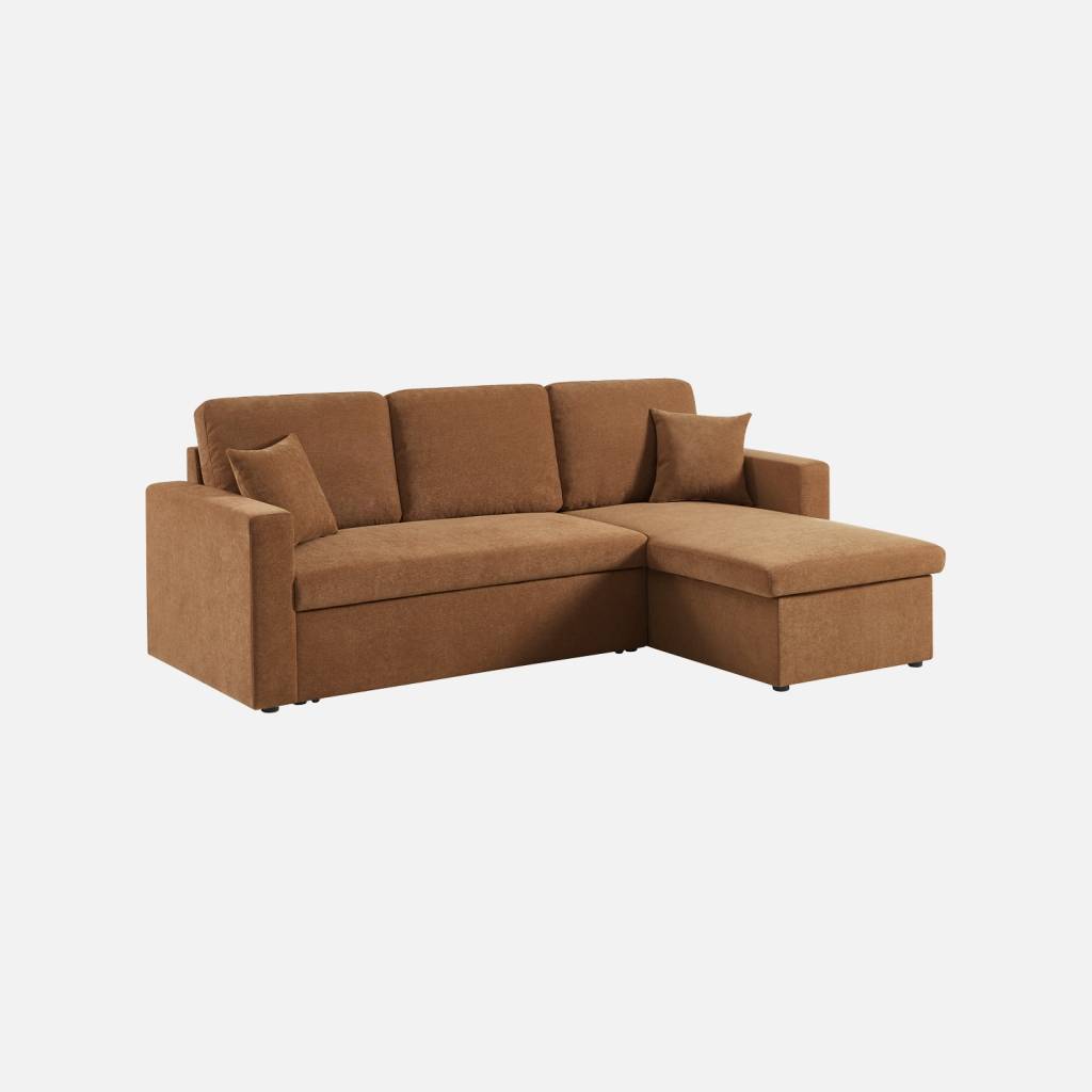 Canapé d'angle 3 places tissu chenille avec coffre terracotta