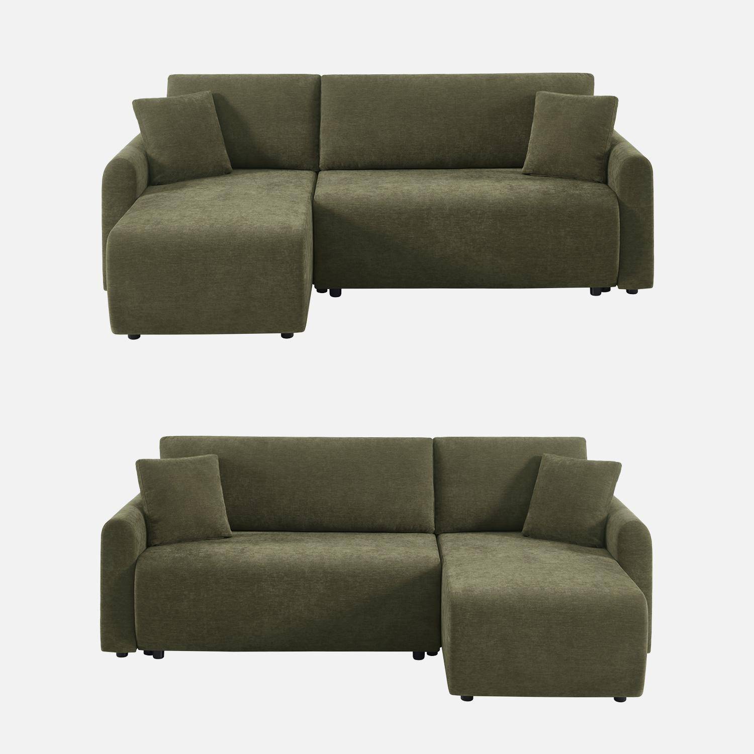 Divano angolare convertibile in tessuto ciniglia con contenitore, 3 posti, Berlin, Verde kaki, 205x142x78 cm Photo2
