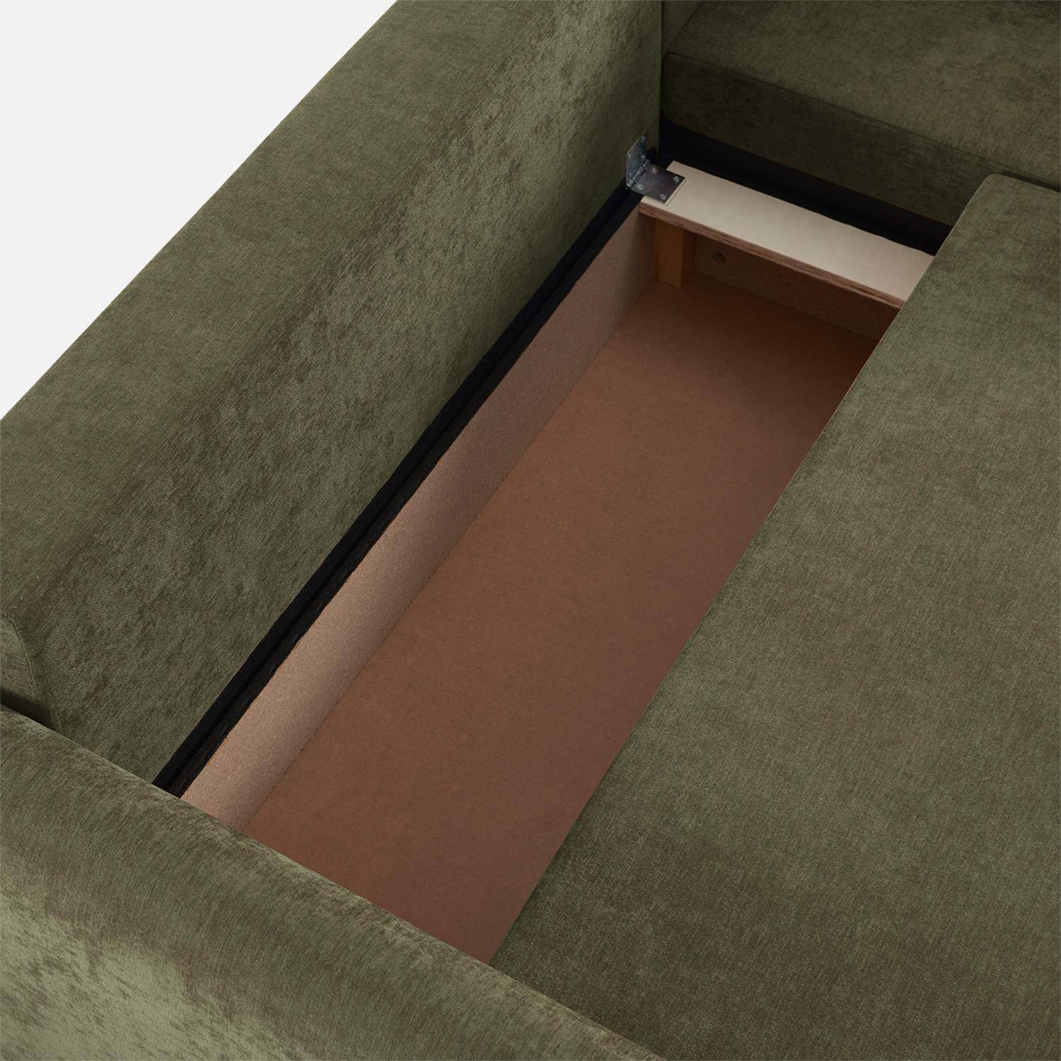 Divano angolare convertibile in tessuto ciniglia con contenitore, 3 posti, Berlin, Verde kaki, 205x142x78 cm,sweeek,Photo5