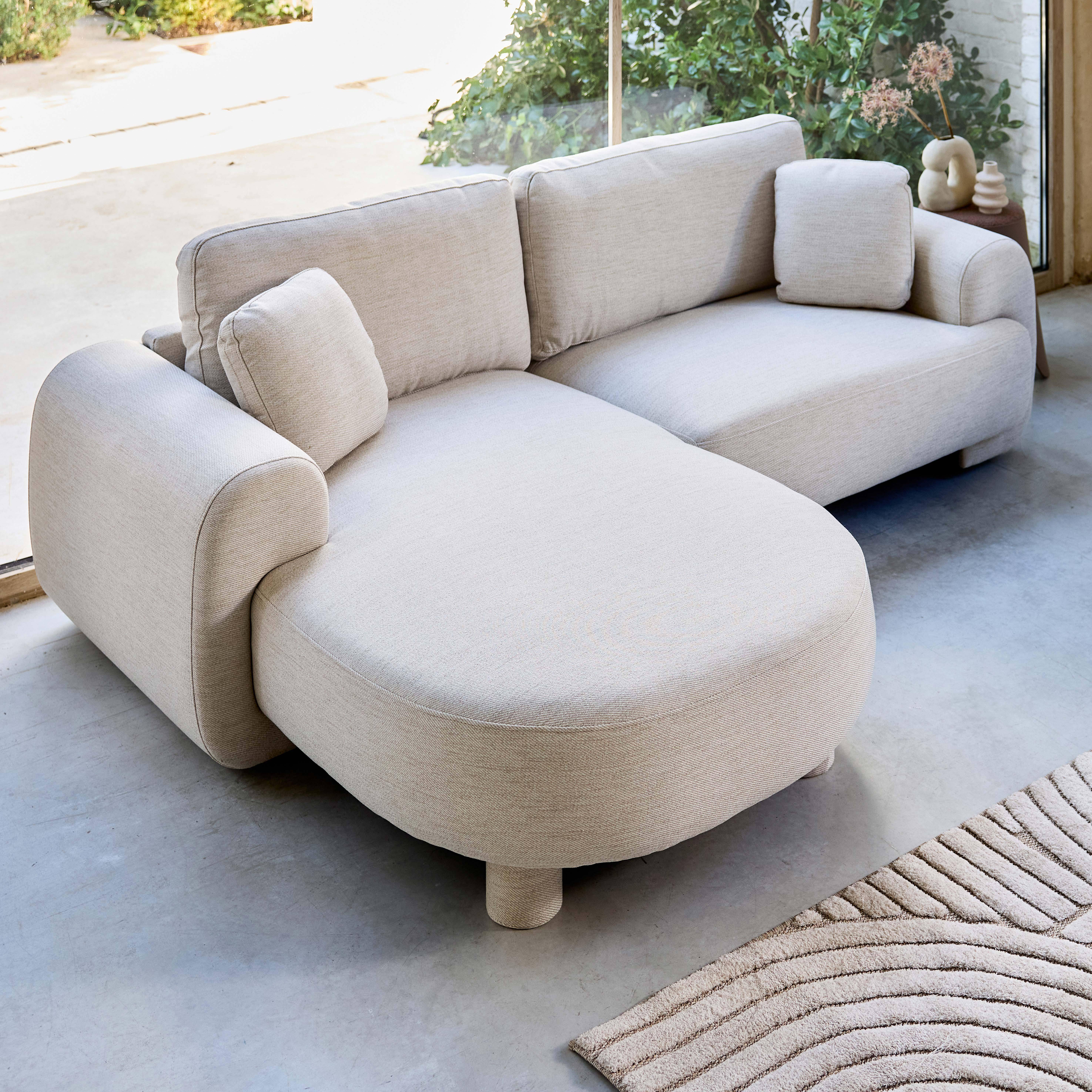 Left corner 3-seater sofa with round legs and fabric in cream 231x160x88 cm - Zenio Photo2