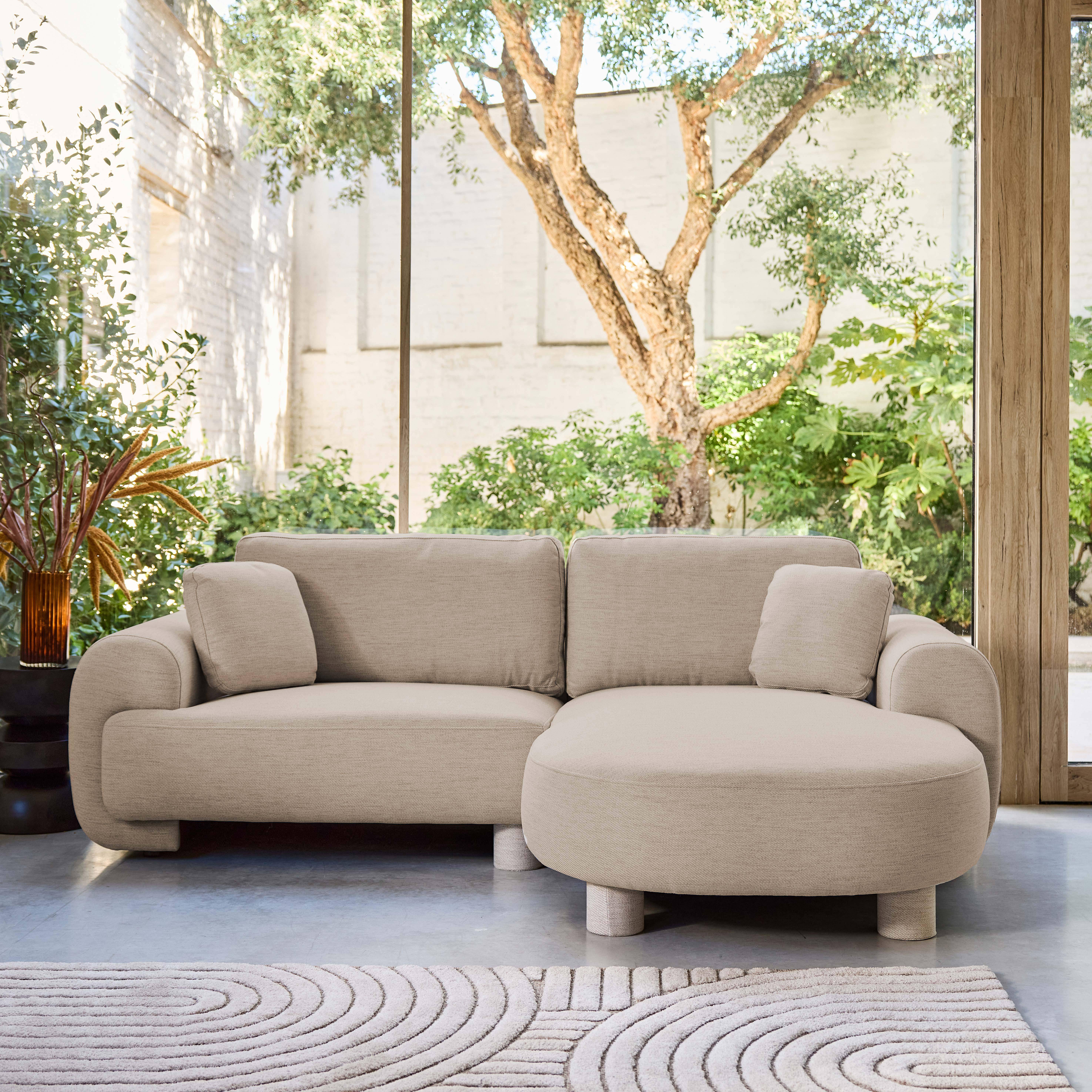 Right corner 3-seater sofa with round legs and fabric in beige 231x160x88 cm - Zenio,sweeek,Photo1