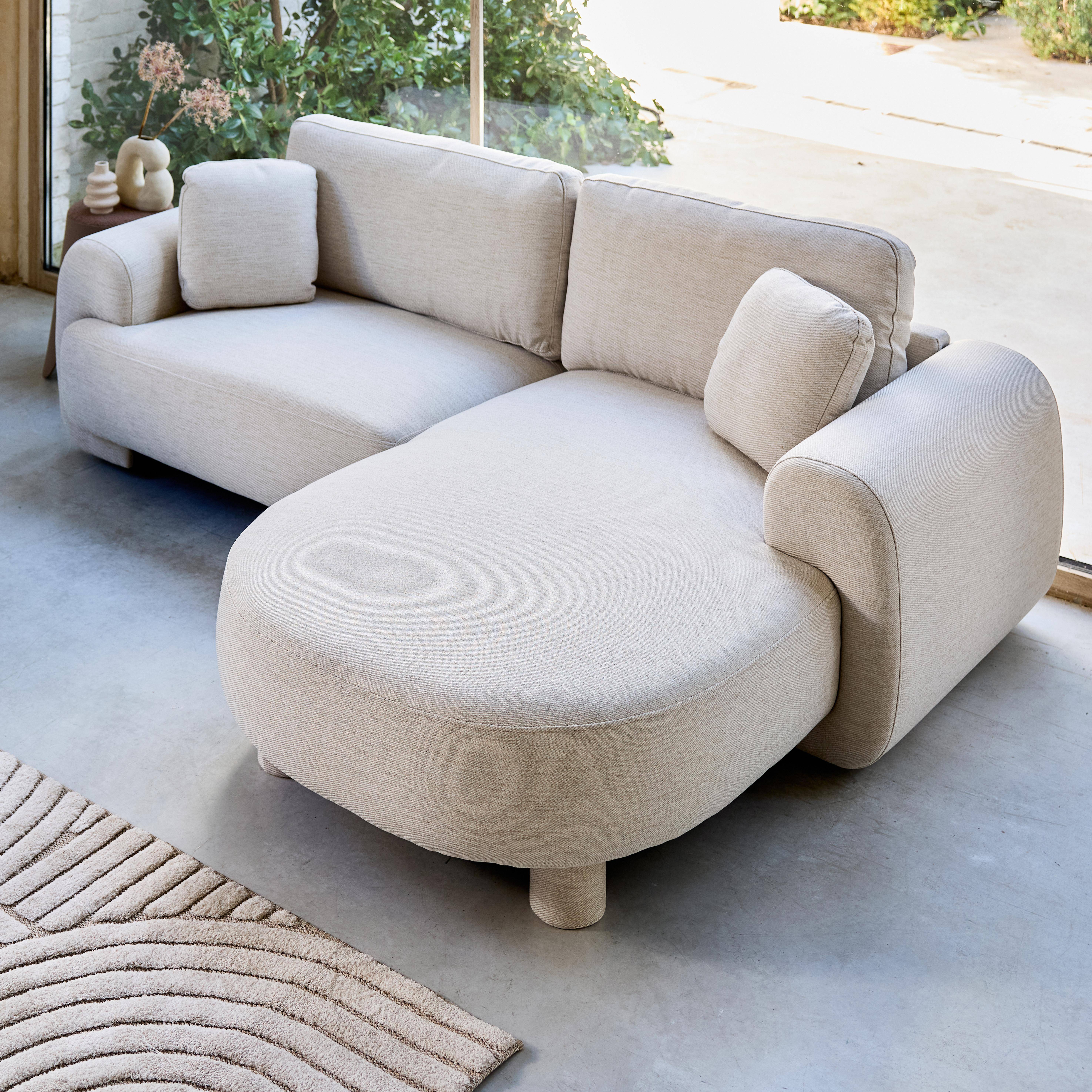 Right corner 3-seater sofa with round legs and fabric in cream 231x160x88 cm - Zenio Photo2