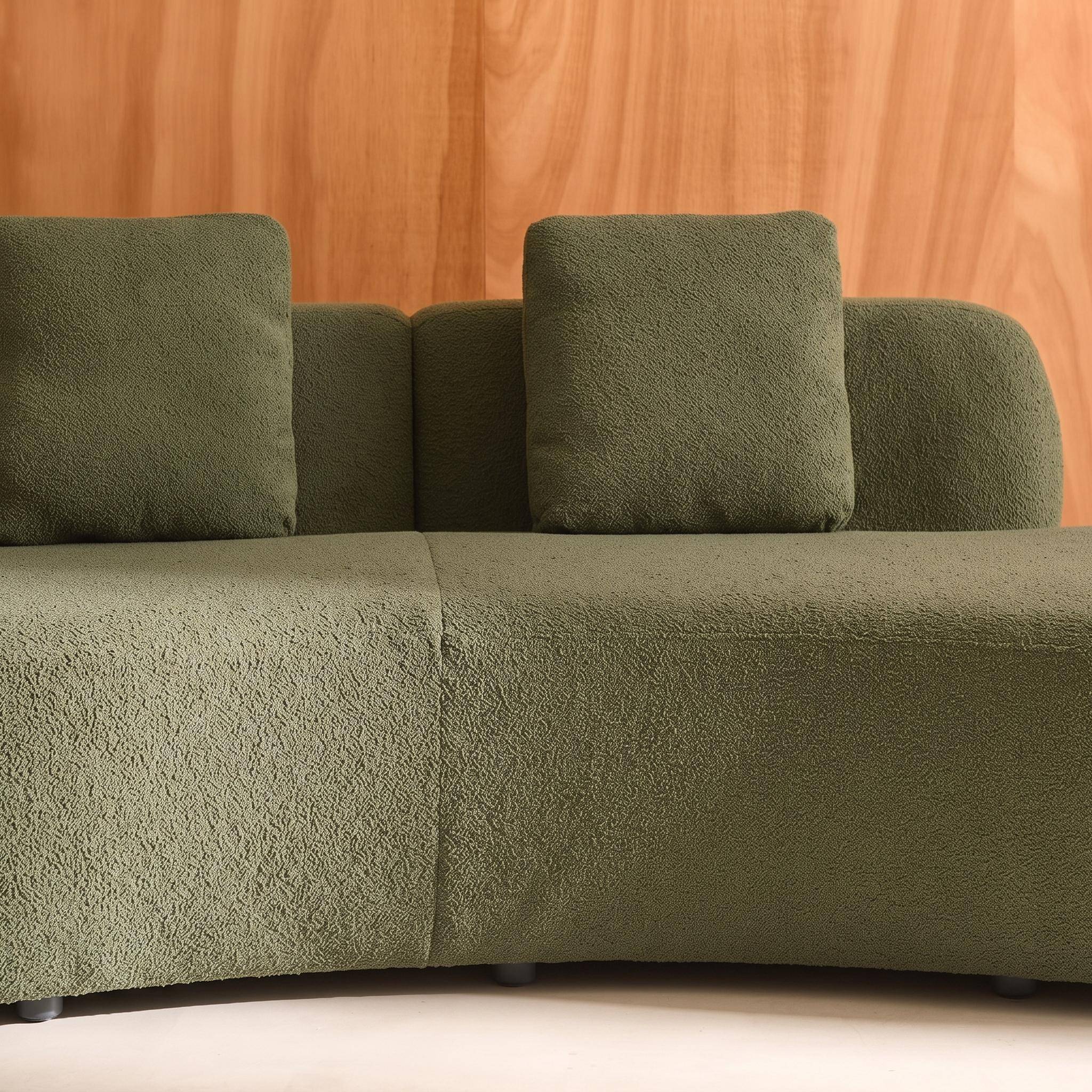 Organic 3-seater sofa with comma shape and bouclé fabric khaki green 232x97x68 cm - Wave Photo3