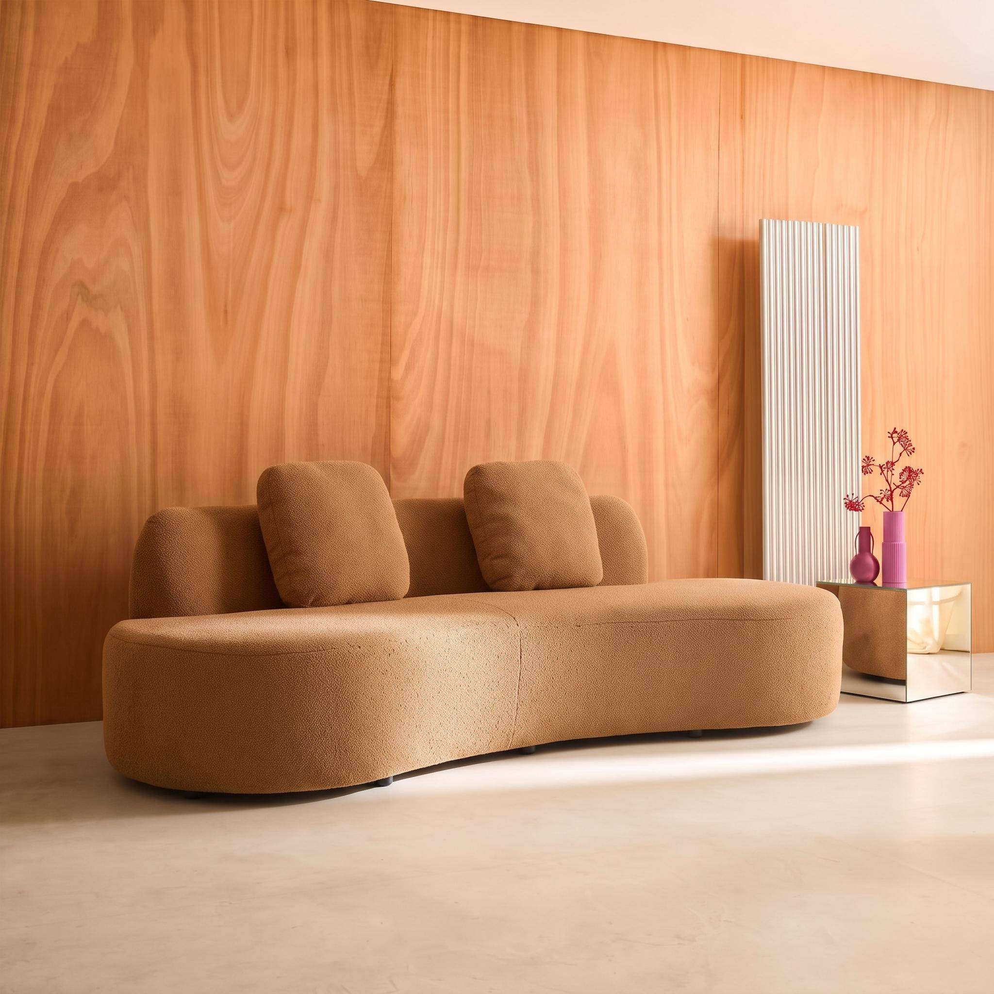 Organic 3-seater sofa with comma shape and bouclé fabric camel 232x97x68 cm - Wave Photo1