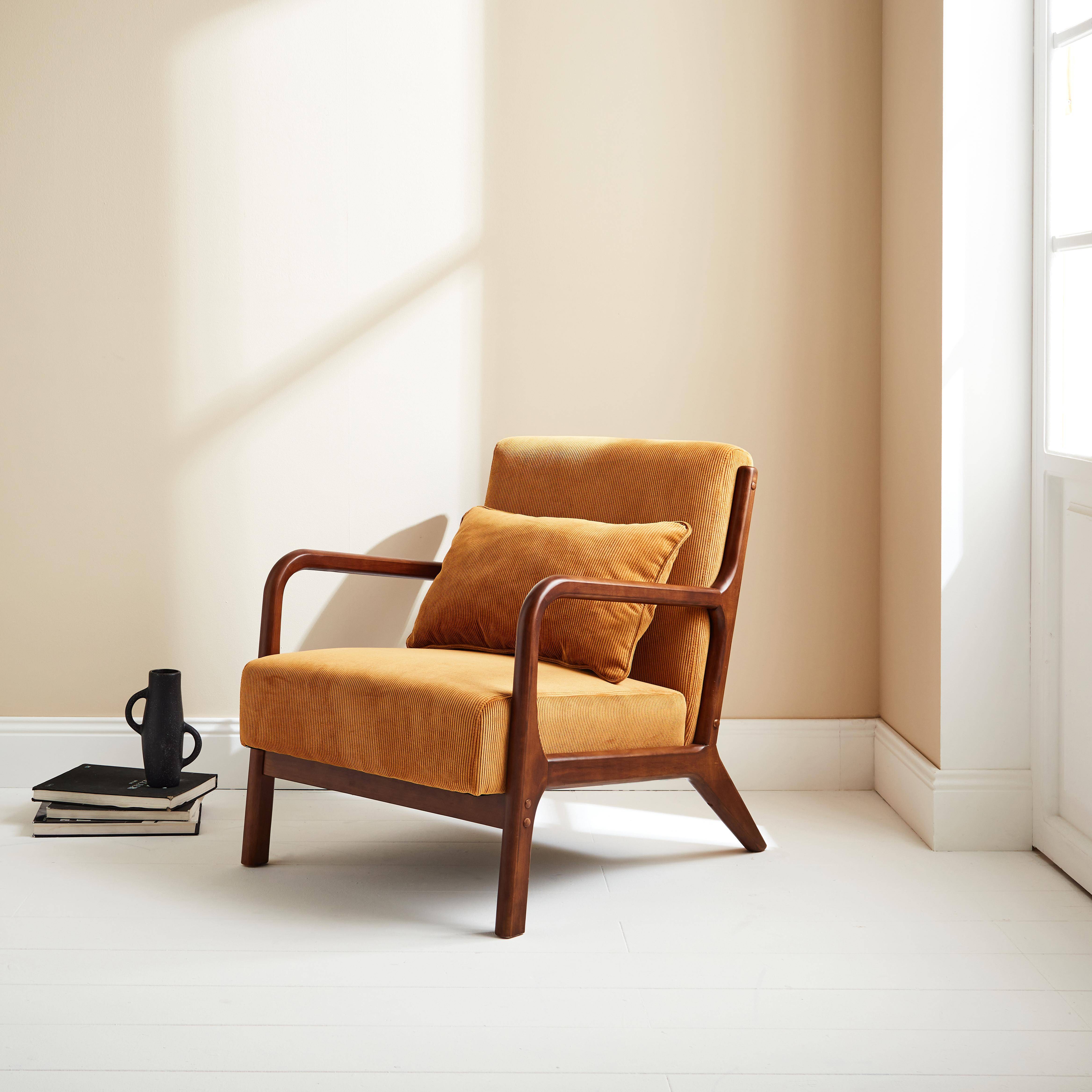 Scandinavian armchair in light walnut coloured rubberwood and corduroy yellow ochre 65.5x80x79 cm - Lorens Photo1