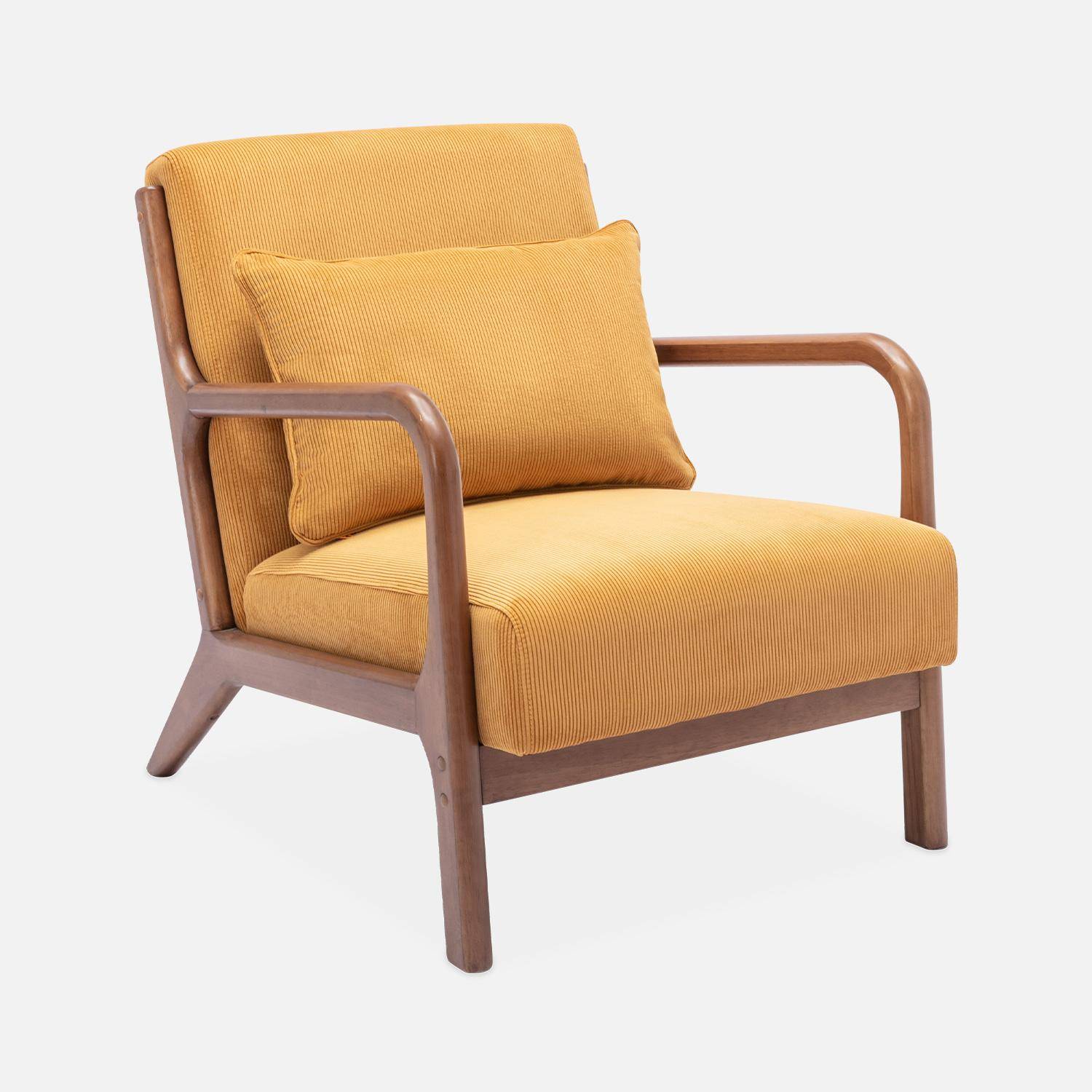 Scandinavian armchair in light walnut coloured rubberwood and corduroy yellow ochre 65.5x80x79 cm - Lorens,sweeek,Photo3