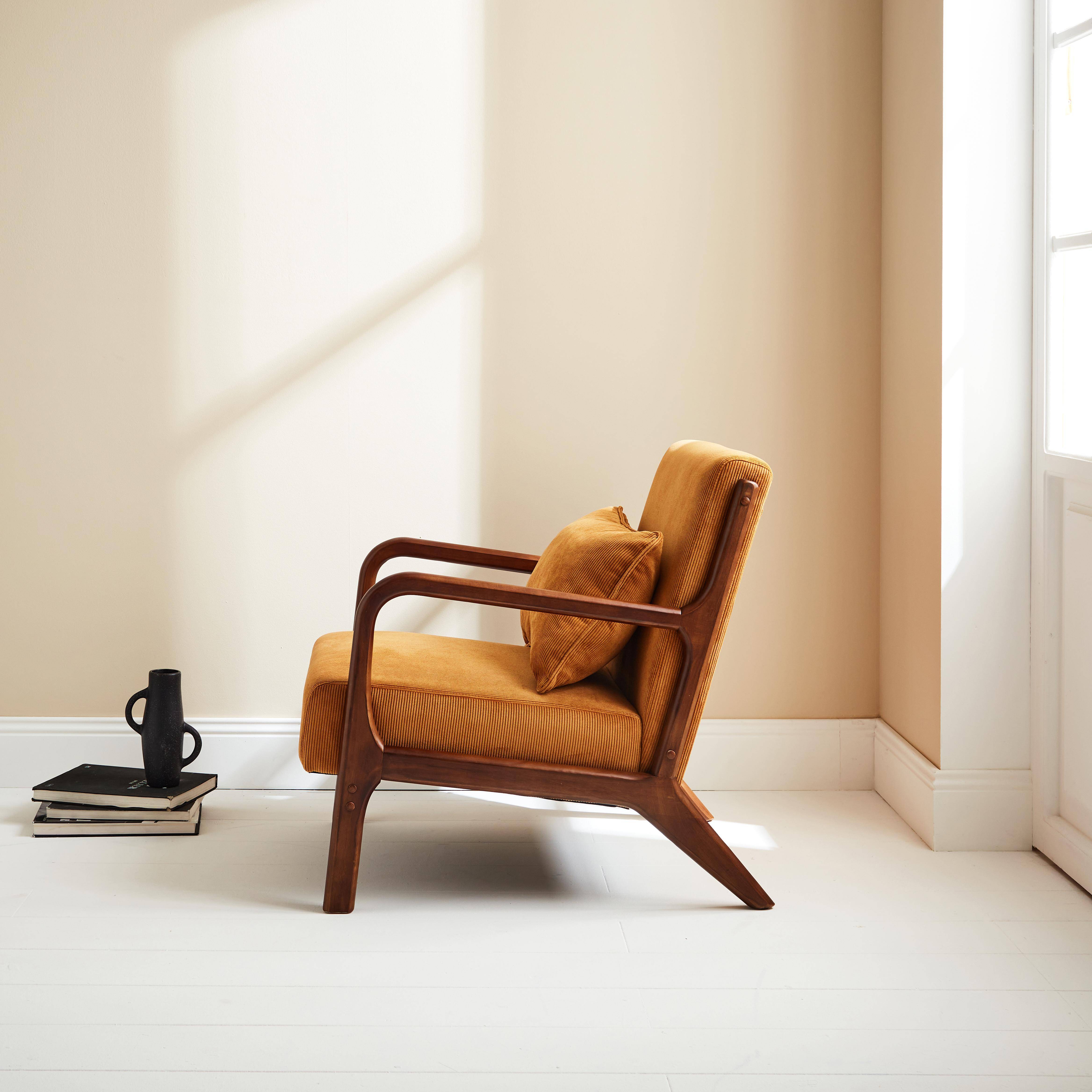 Scandinavian armchair in light walnut coloured rubberwood and corduroy yellow ochre 65.5x80x79 cm - Lorens Photo2