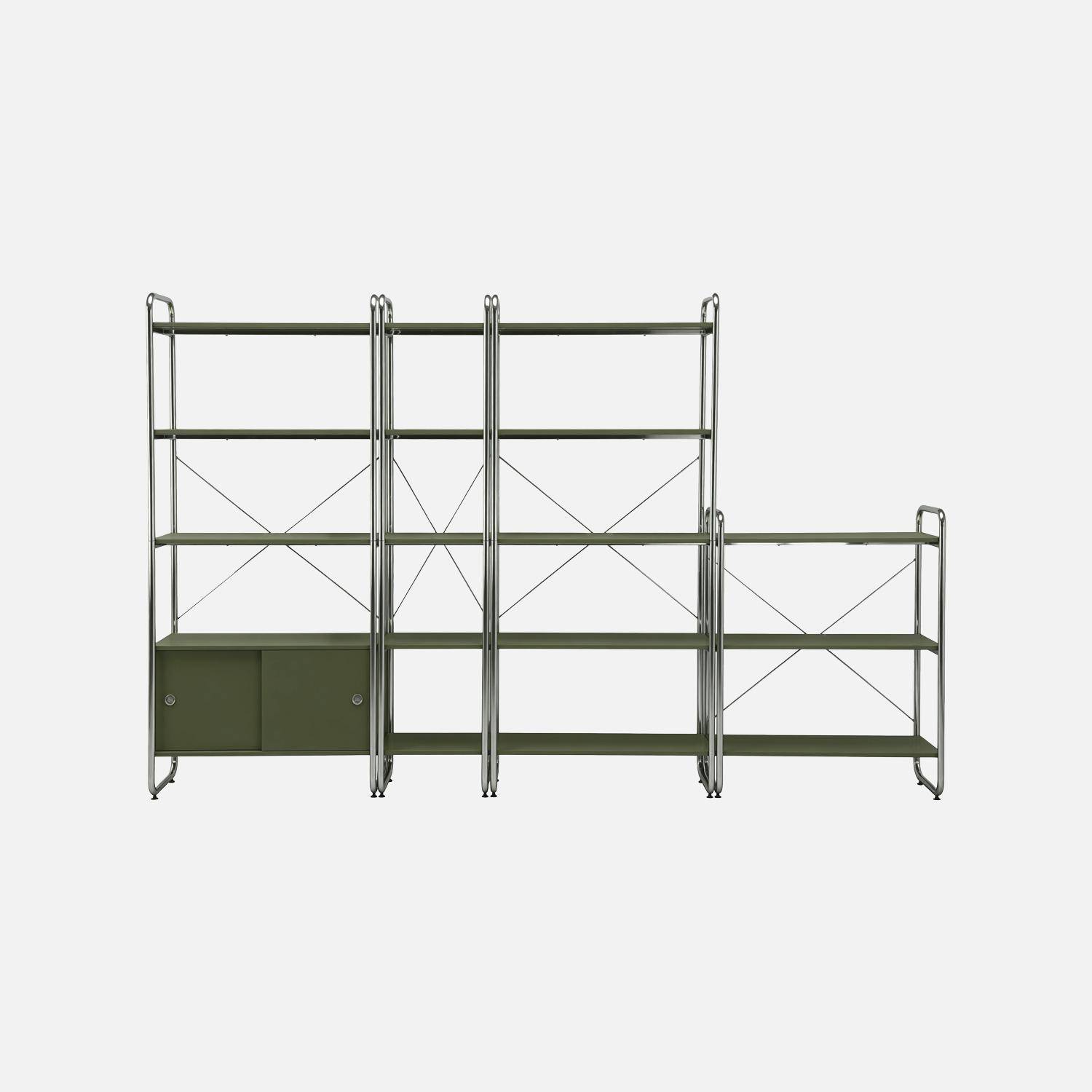 Kit étagère bibliothèque modulable métal chromé et décor bois 4 éléments kaki - Lennox,sweeek,Photo2