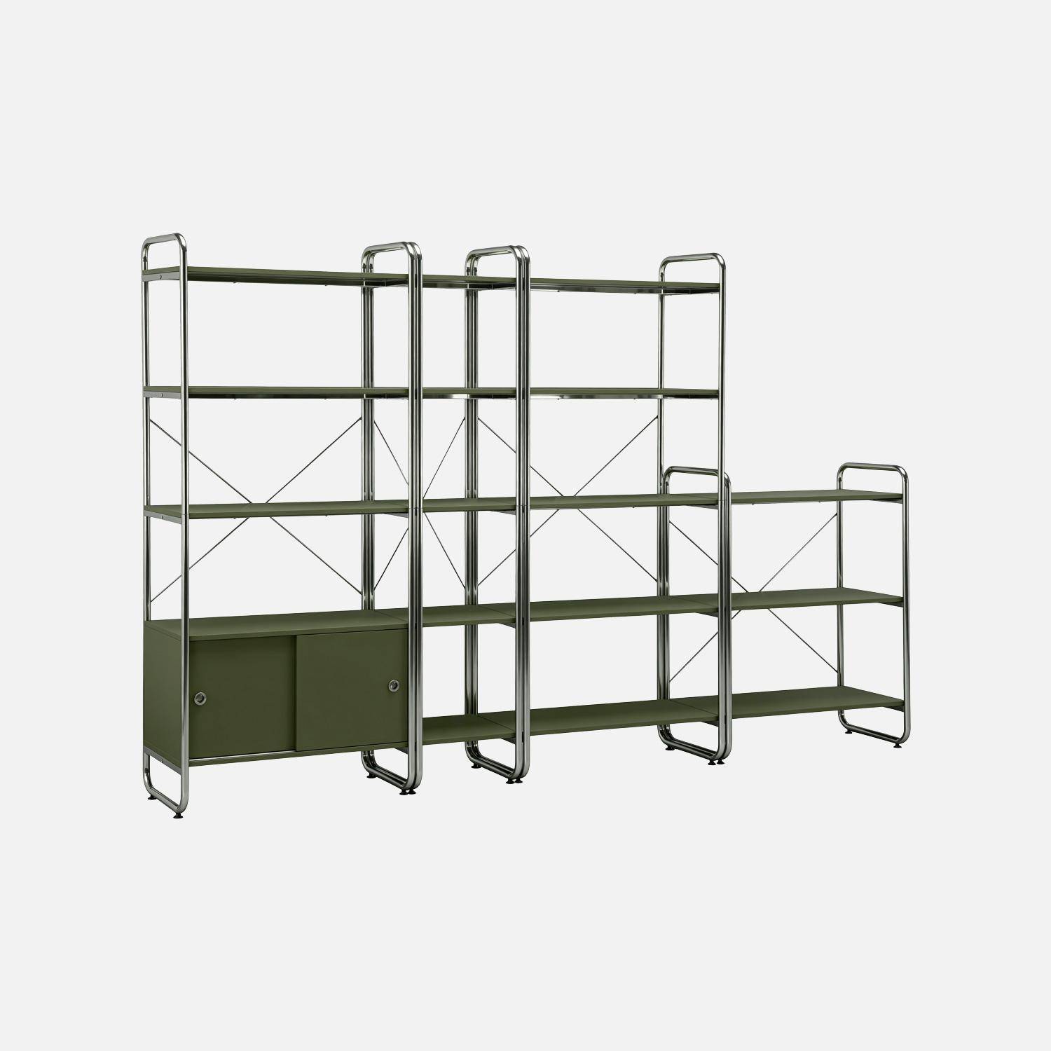 Kit étagère bibliothèque modulable métal chromé et décor bois 4 éléments kaki - Lennox Photo1