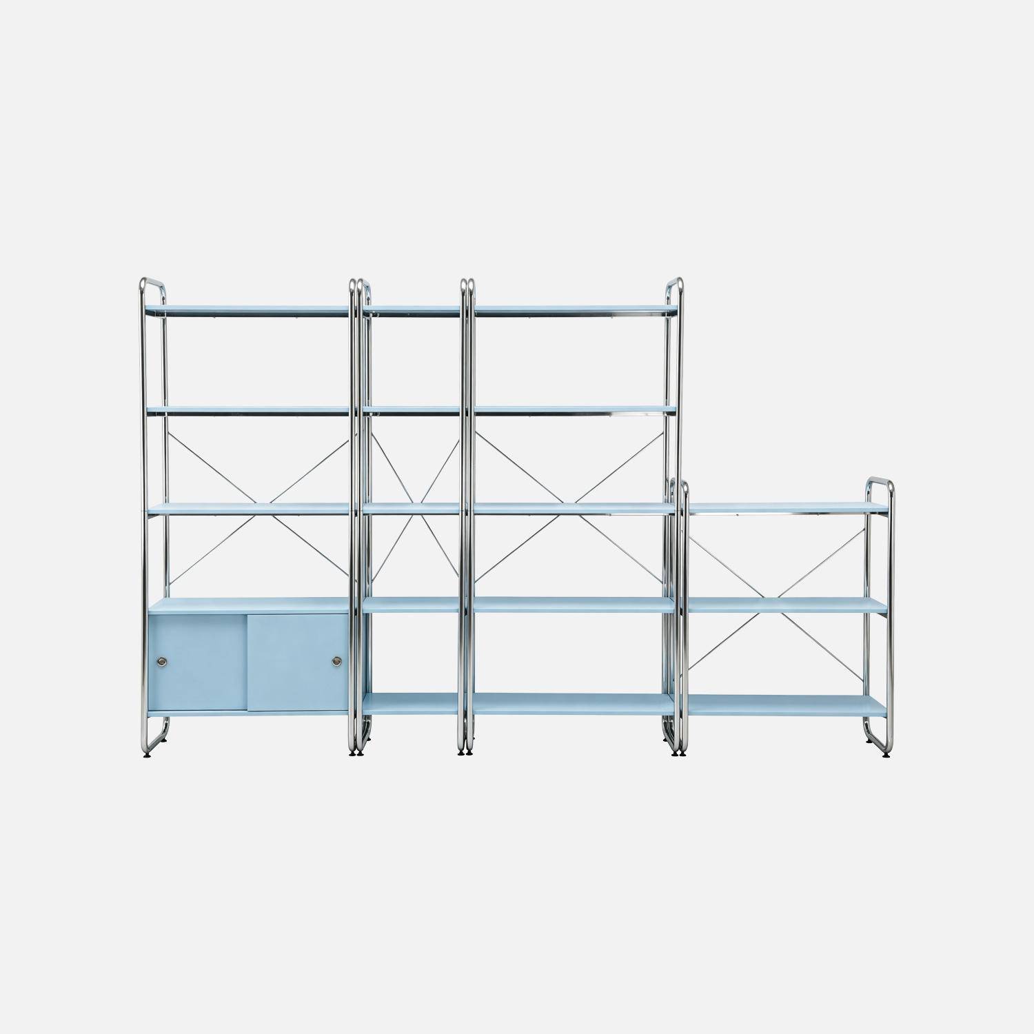 Kit étagère bibliothèque modulable métal chromé et décor bois 4 éléments bleu clair - Lennox,sweeek,Photo2
