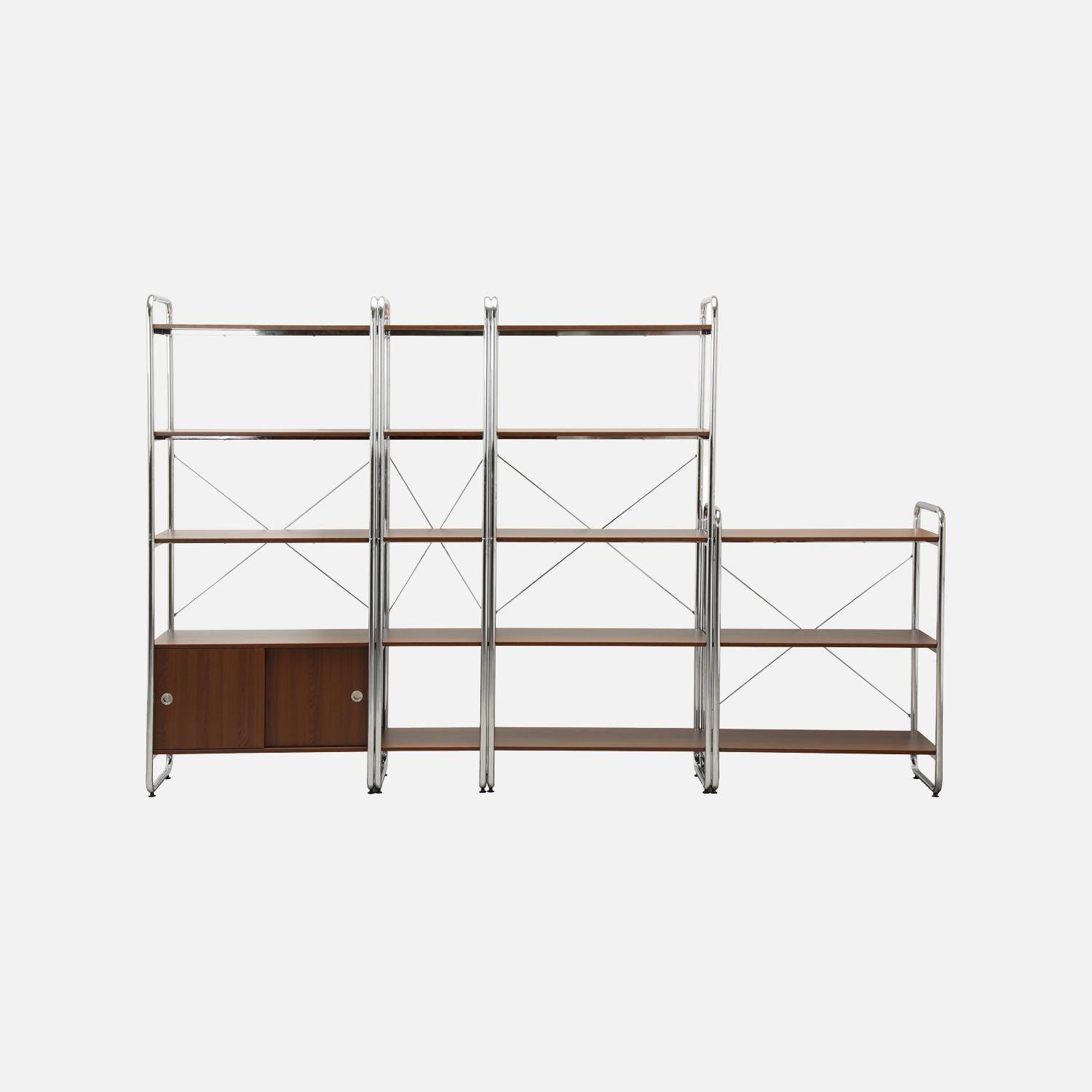 Kit étagère bibliothèque modulable métal chromé et décor bois 4 éléments noyer - Lennox Photo2