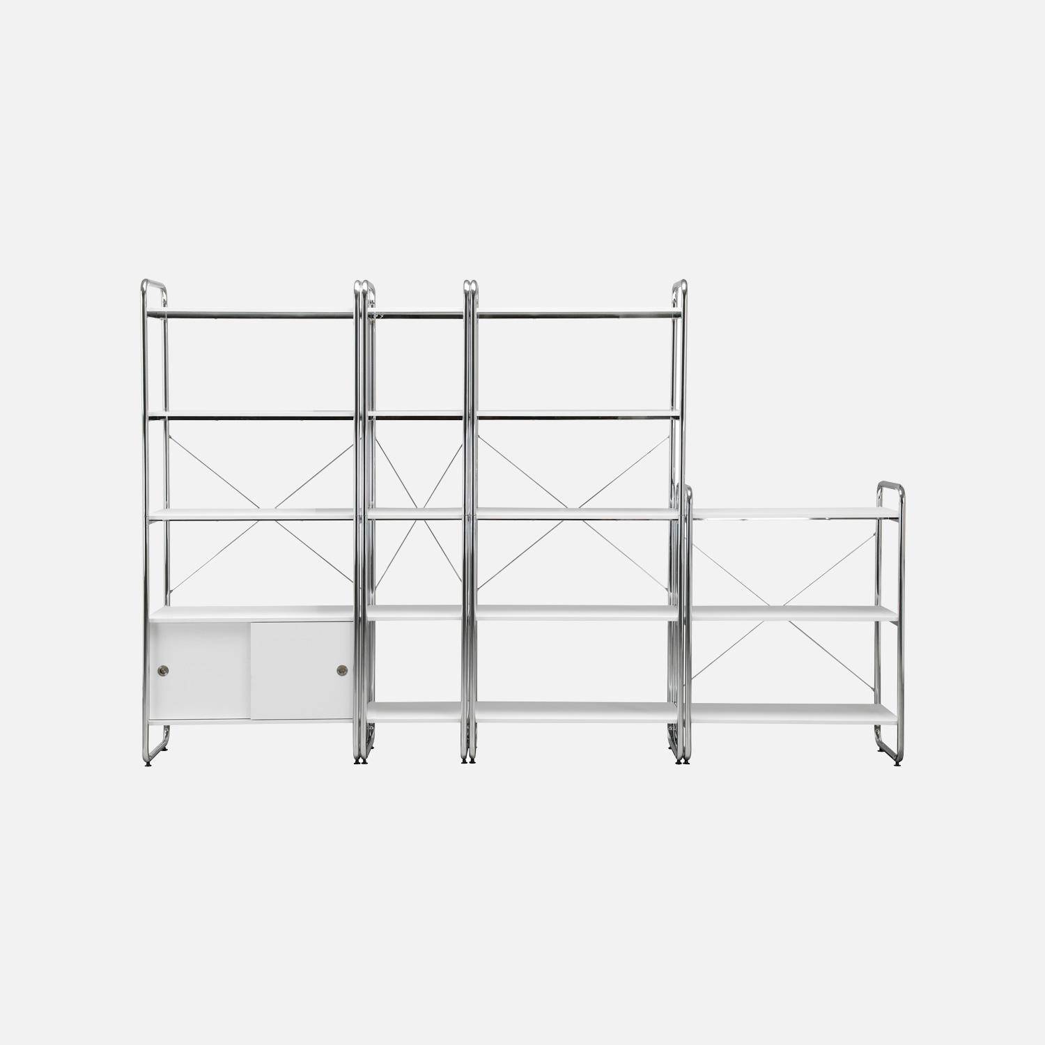 Kit étagère bibliothèque modulable métal chromé et décor bois 4 éléments blanc - Lennox,sweeek,Photo2