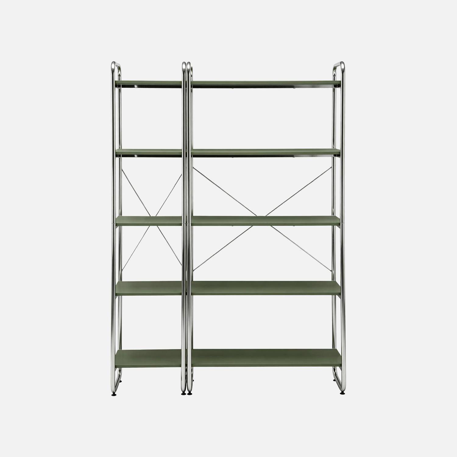 Kit étagère bibliothèque modulable métal chromé et décor bois 2 éléments kaki - Lennox Photo2