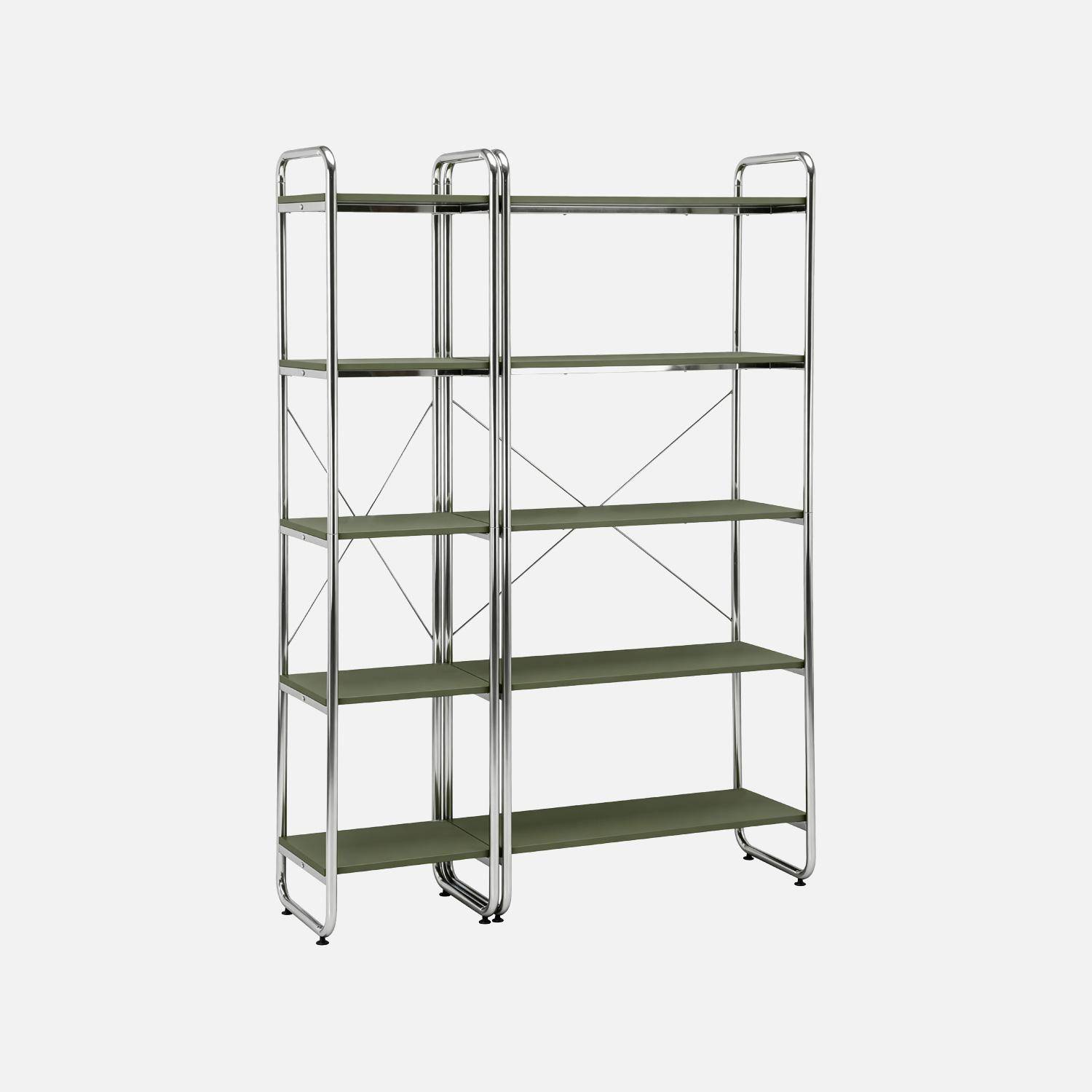 Kit étagère bibliothèque modulable métal chromé et décor bois 2 éléments kaki - Lennox Photo1