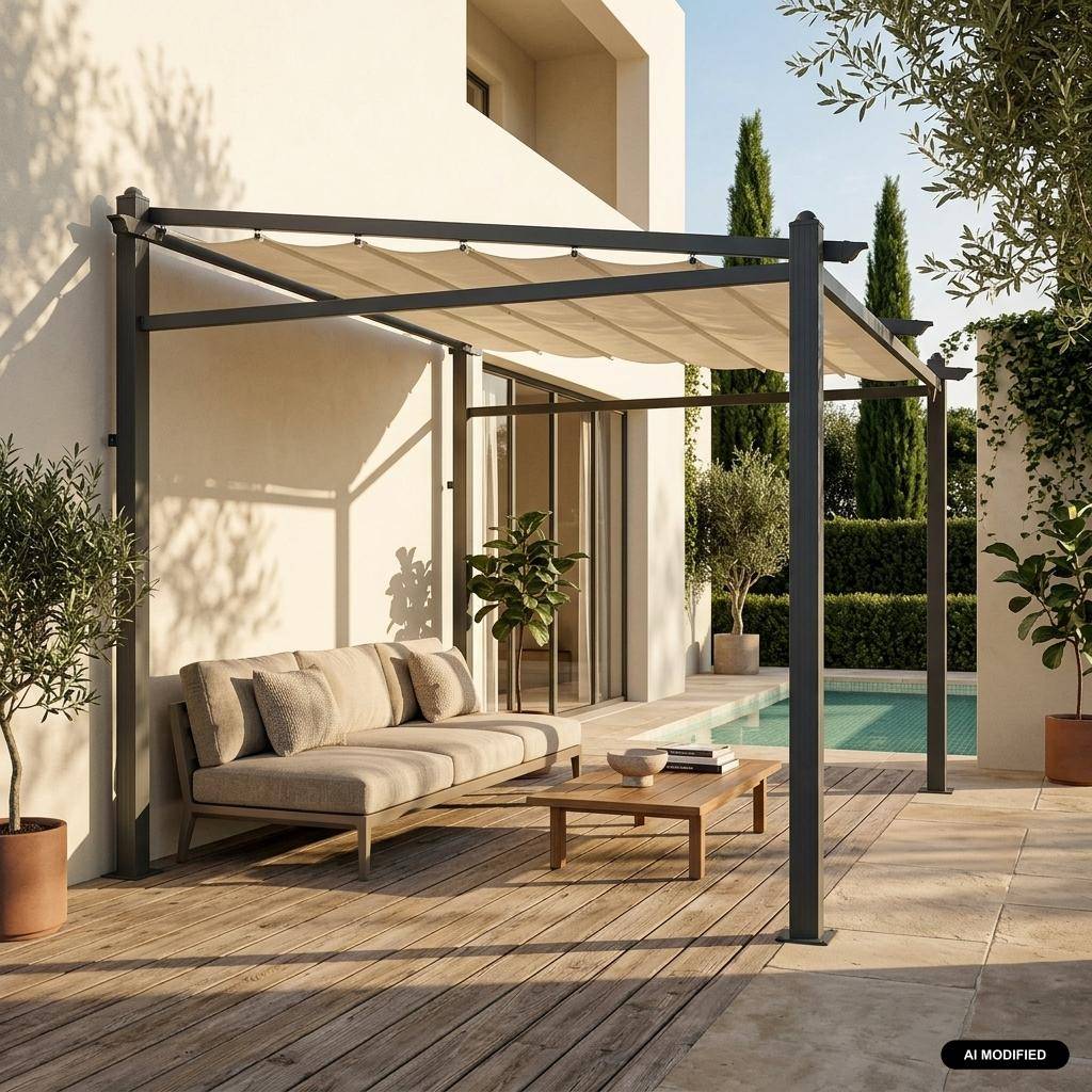 Pergola murale en aluminium - Murum 3x4m - Toile écru - Tonnelle idéale pour votre terrasse, toit retractable, toile coulissante, structure aluminium Photo1