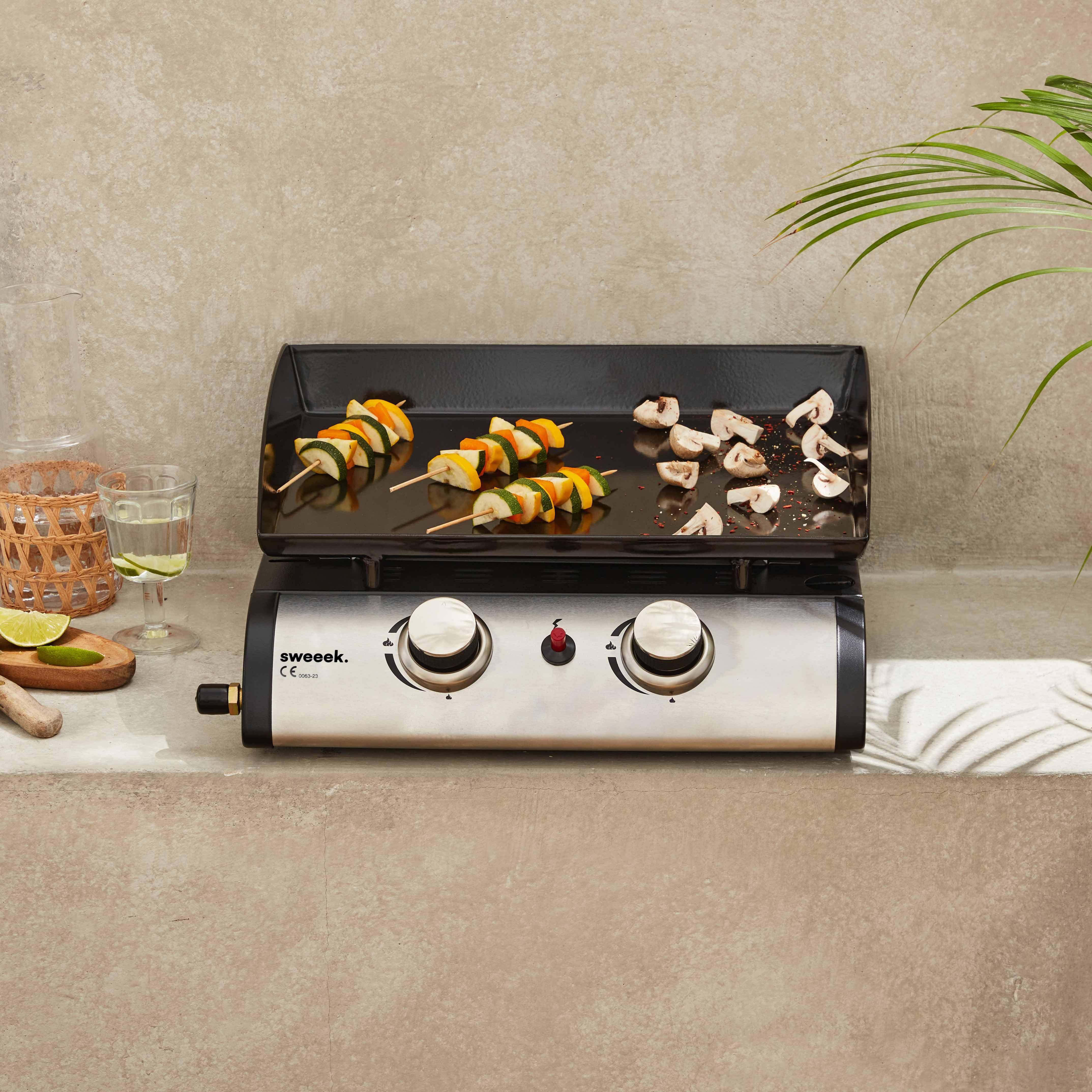 Plancha au gaz 2 brûleurs - Porthos - 5 kW, barbecue, cuisine extérieure, plaque émaillée, inox,sweeek,Photo1