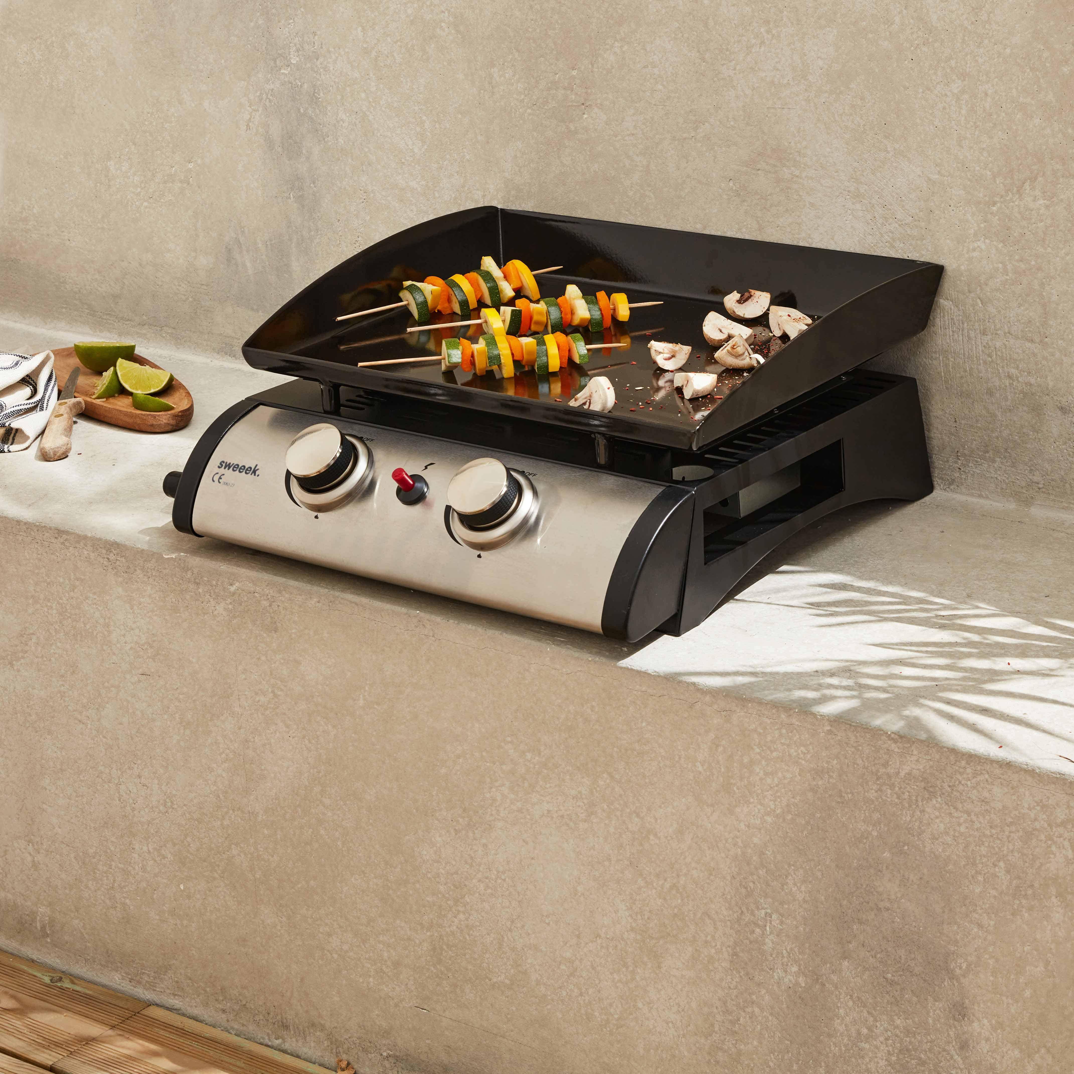 Plancha au gaz 2 brûleurs - Porthos - 5 kW, barbecue, cuisine extérieure, plaque émaillée, inox Photo2