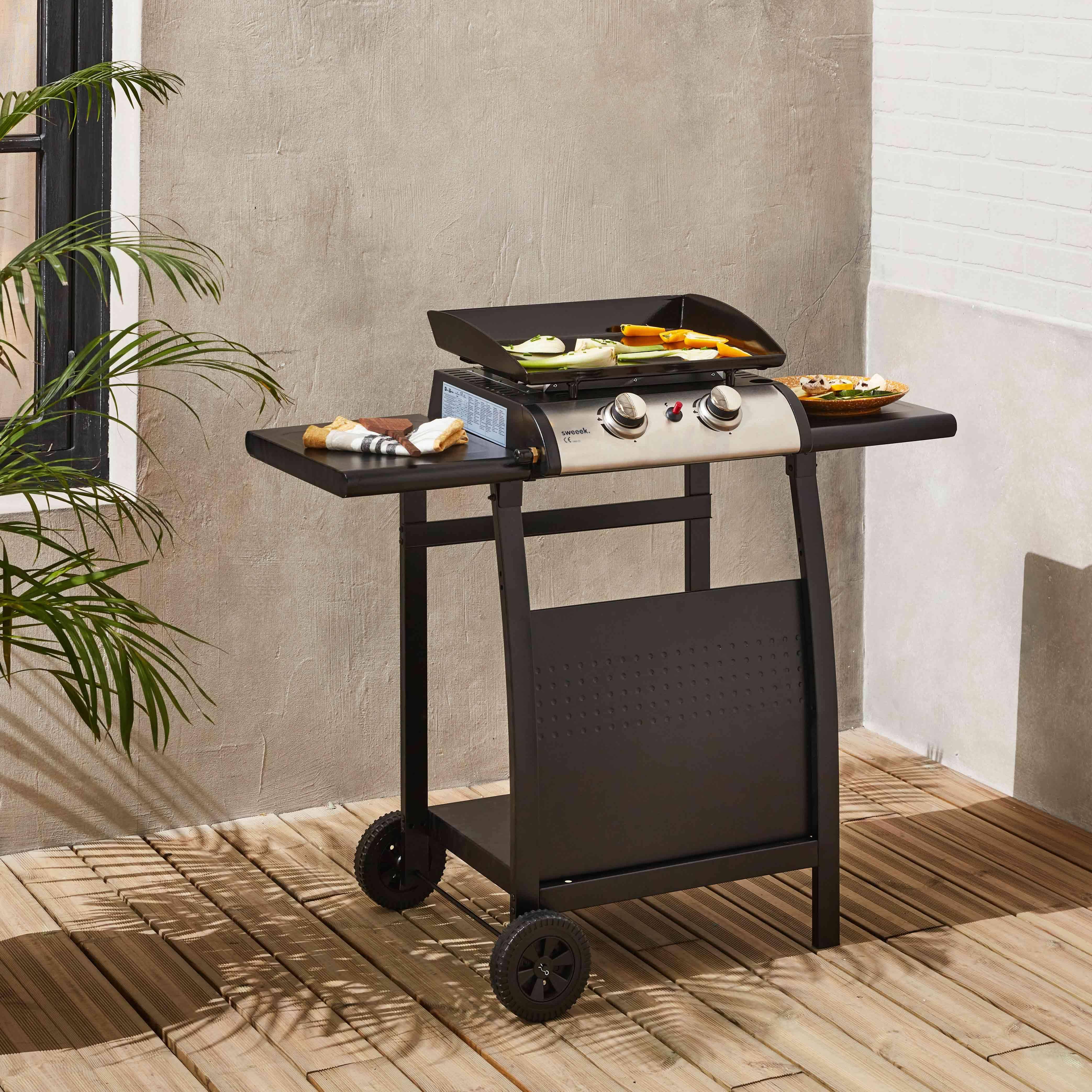 Plancha au gaz 2 brûleurs sur chariot - Porthos - 5kW, plancha à gaz avec desserte , cuisine extérieure, plaque émaillée, inox, barbecue Photo2