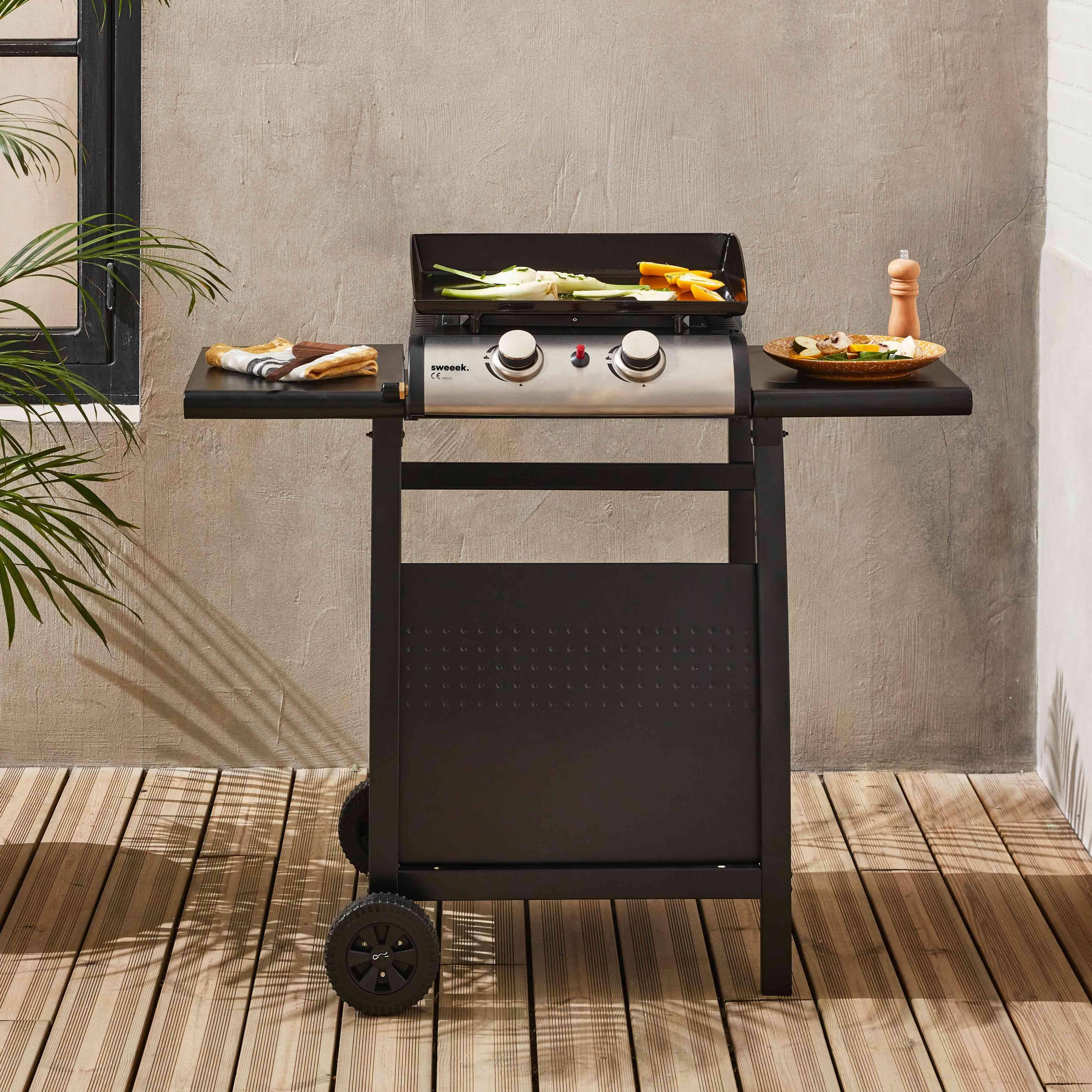 Plancha au gaz 2 brûleurs sur chariot - Porthos - 5kW, plancha à gaz avec desserte , cuisine extérieure, plaque émaillée, inox, barbecue Photo1