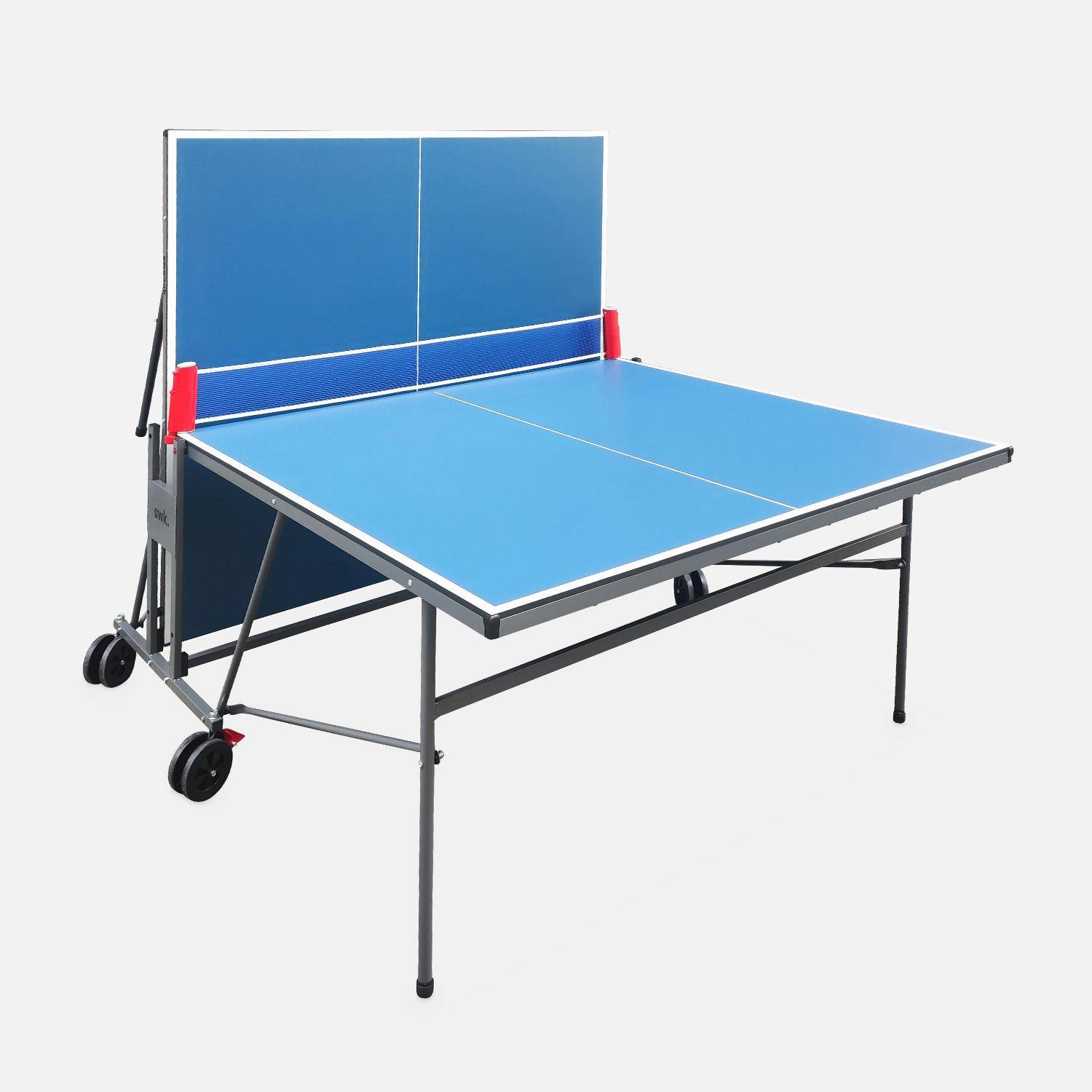 Niebieski stół do ping ponga INDOOR – składany stół z 2 rakietkami i 3 piłeczkami, do użytku w domu, sport tenis stołowy dł. 274 x szer. 152,5 x wys. 76 cm,sweeek,Photo2