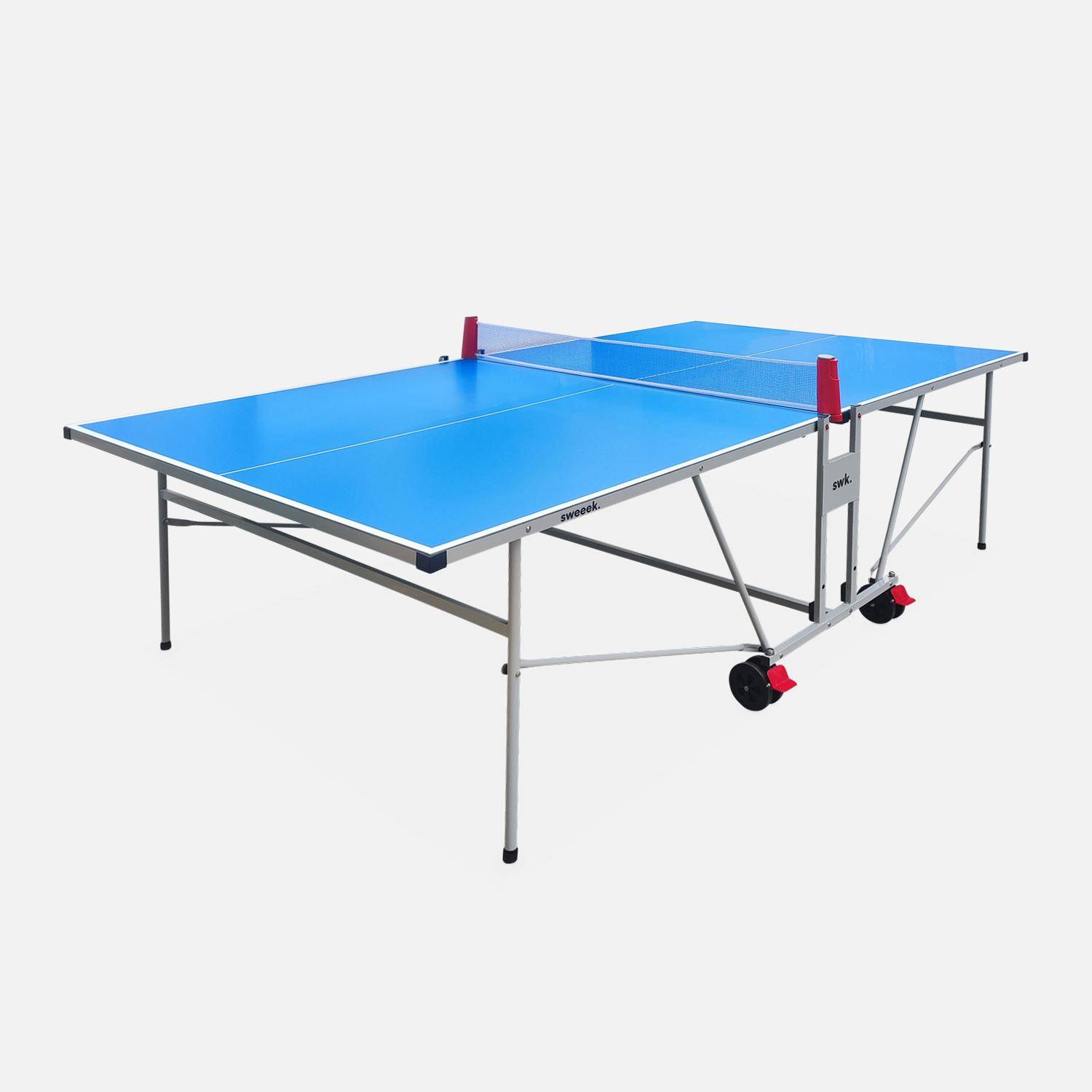 Table de ping pong OUTDOOR bleue, avec 2 raquettes et 3 balles, pour utilisation extérieure, sport tennis de table Photo1