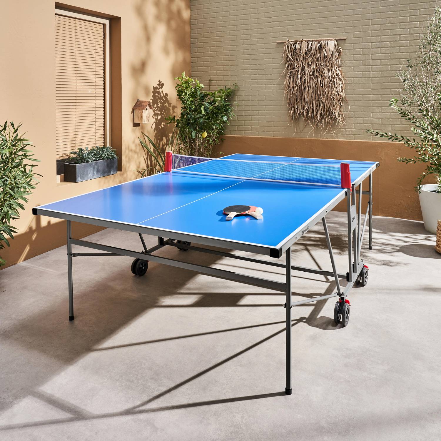 Table de ping pong INDOOR bleue - table pliable avec 4 raquettes et 6 balles, pour utilisation intérieure, sport tennis de table Photo1