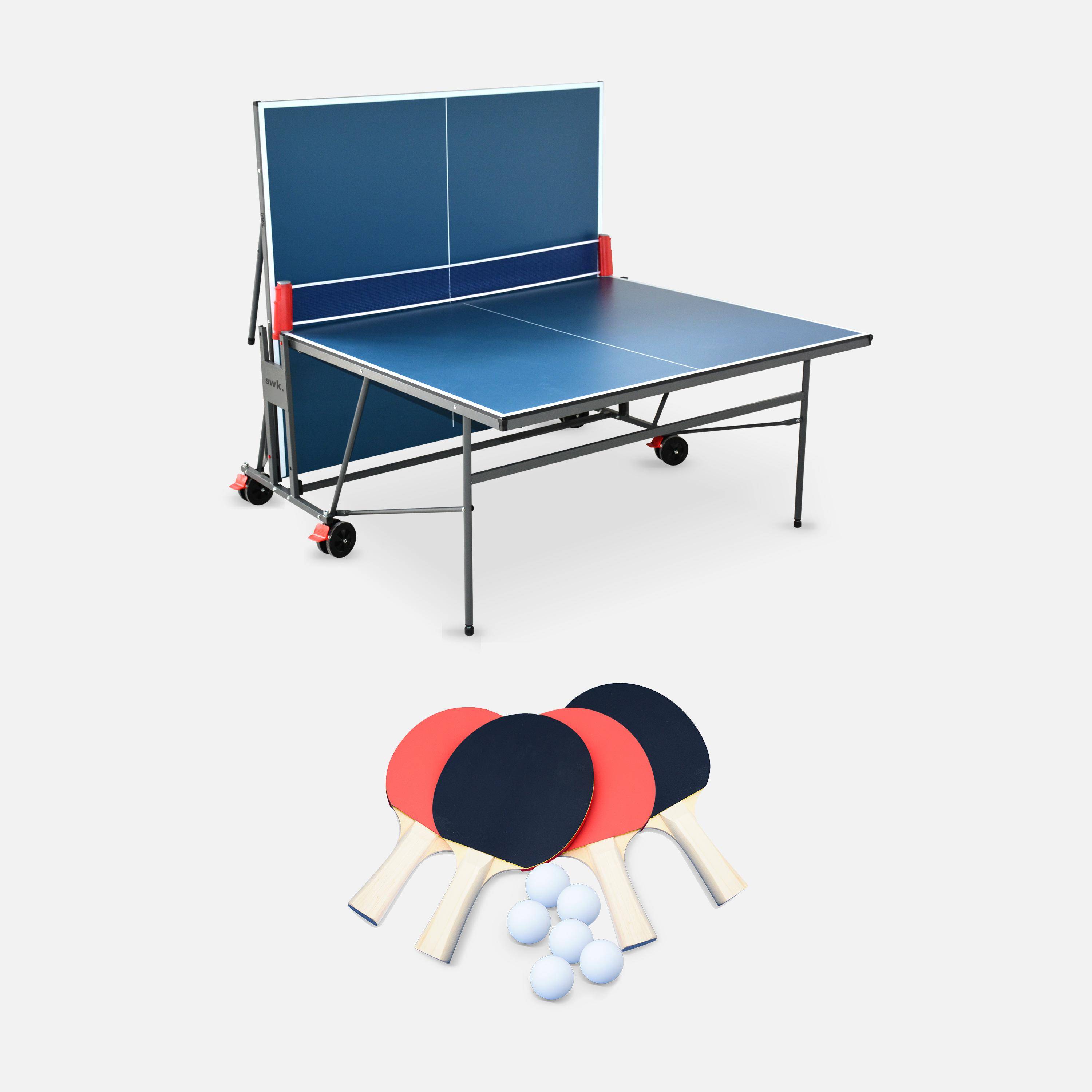 INDOOR Tischtennisplatte blau - Klapptisch mit 4 Schlägern und 6 Bällen, für den Innenbereich, Tischtennissport Photo1