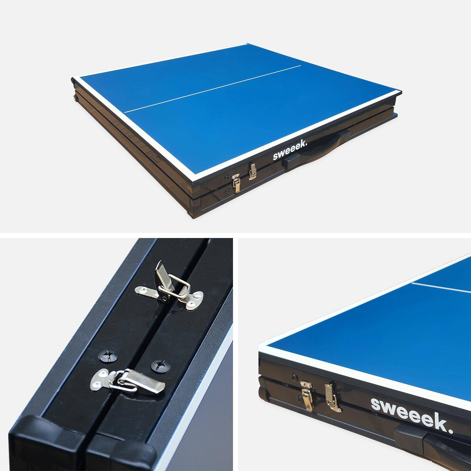 Mini table de ping pong pliable INDOOR bleue, avec 4 raquettes et 6 balles Photo6