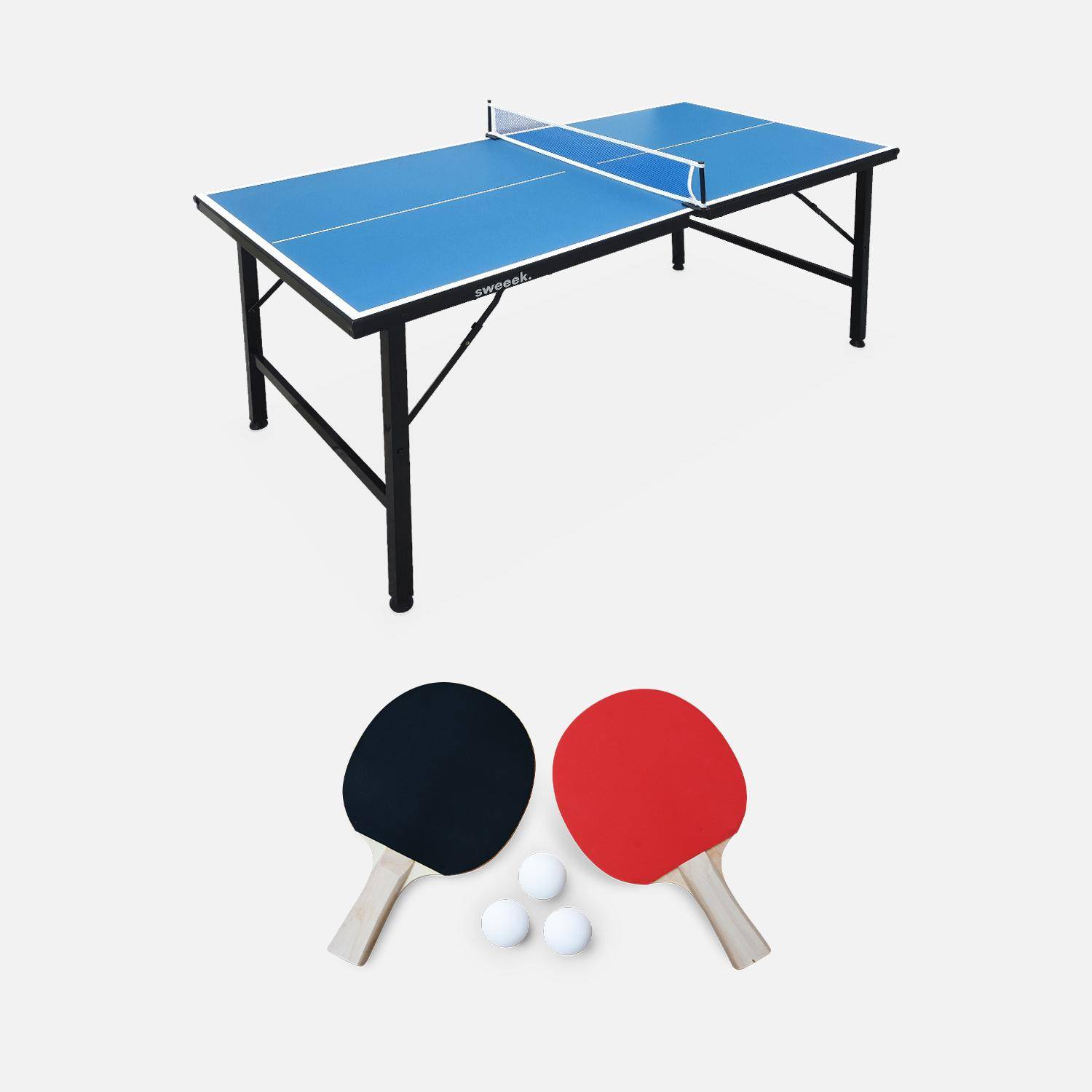 Mini table de ping pong pliable INDOOR bleue, avec 4 raquettes et 6 balles Photo1