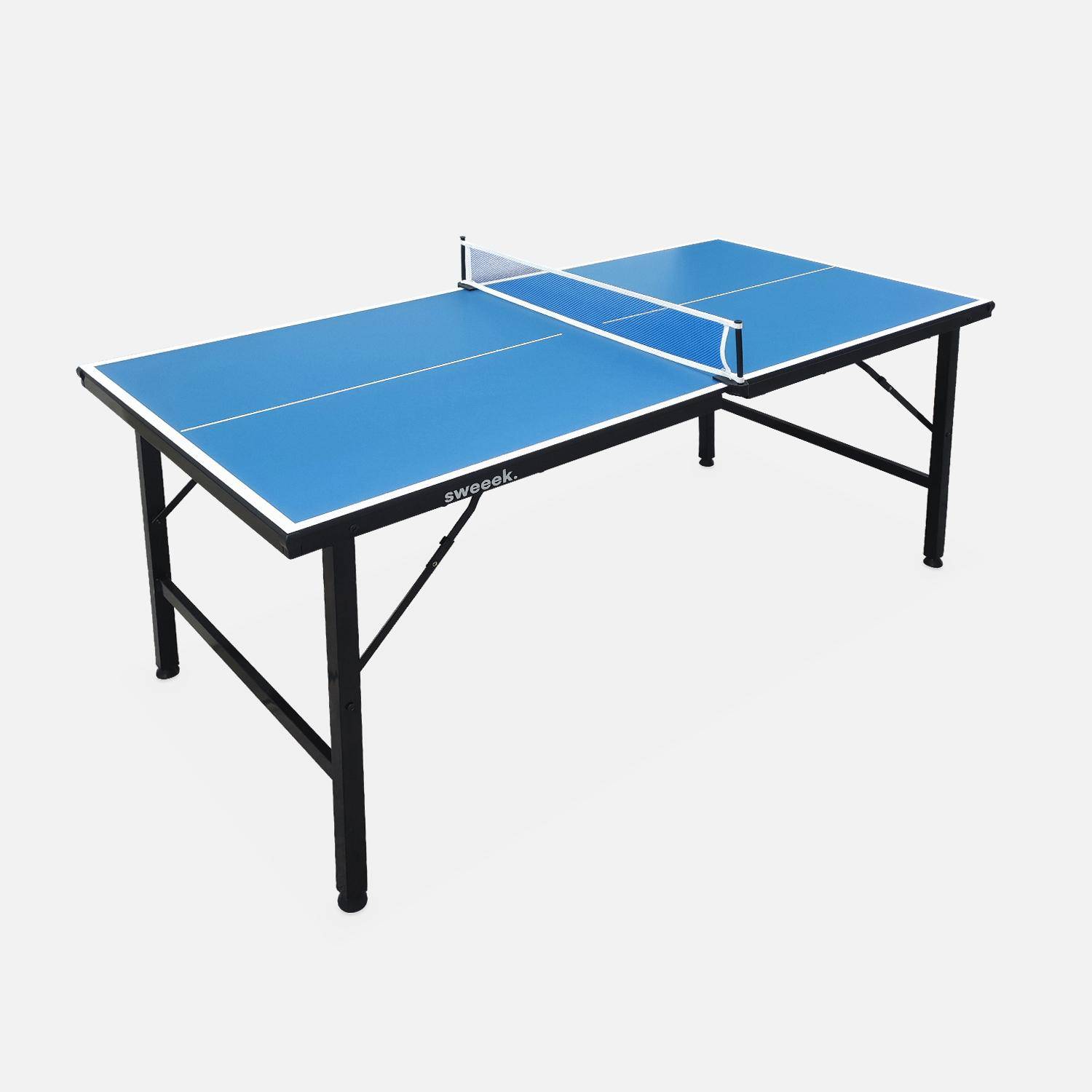 Mini table de ping pong pliable INDOOR bleue, avec 4 raquettes et 6 balles,sweeek,Photo2