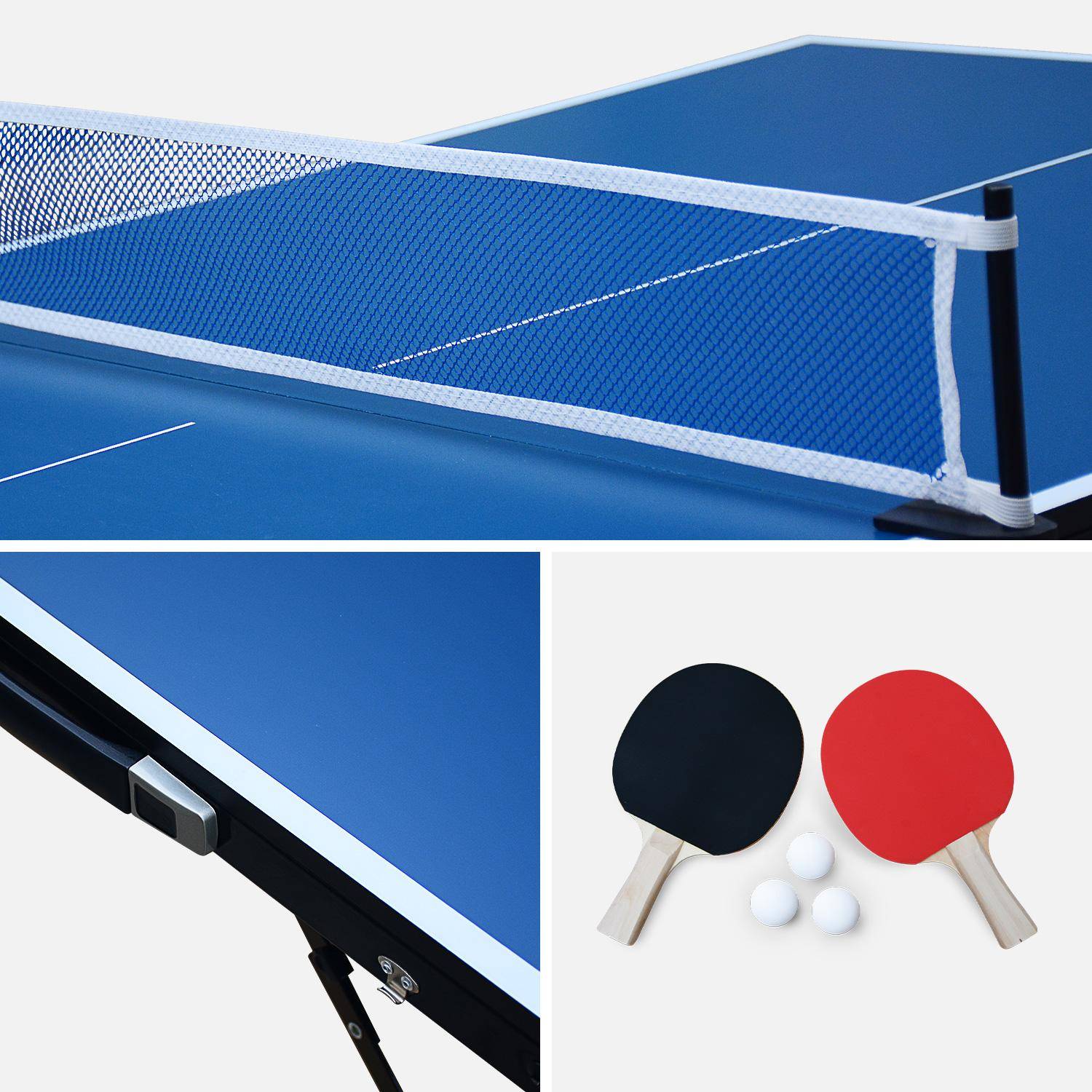 Mini table de ping pong pliable INDOOR bleue, avec 4 raquettes et 6 balles Photo5