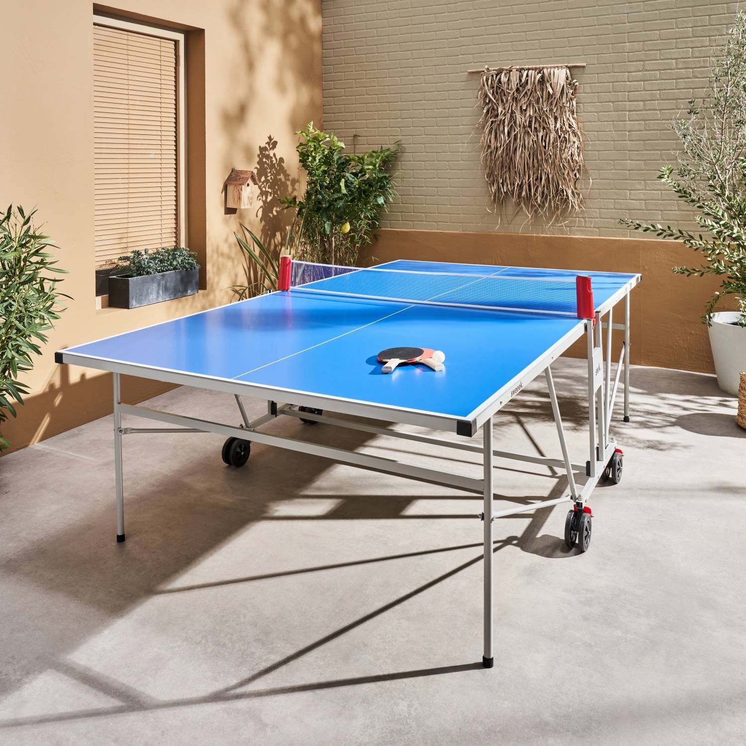 Mini table de ping pong pliable 150x75cm INDOOR bleue, avec 2 raquettes
