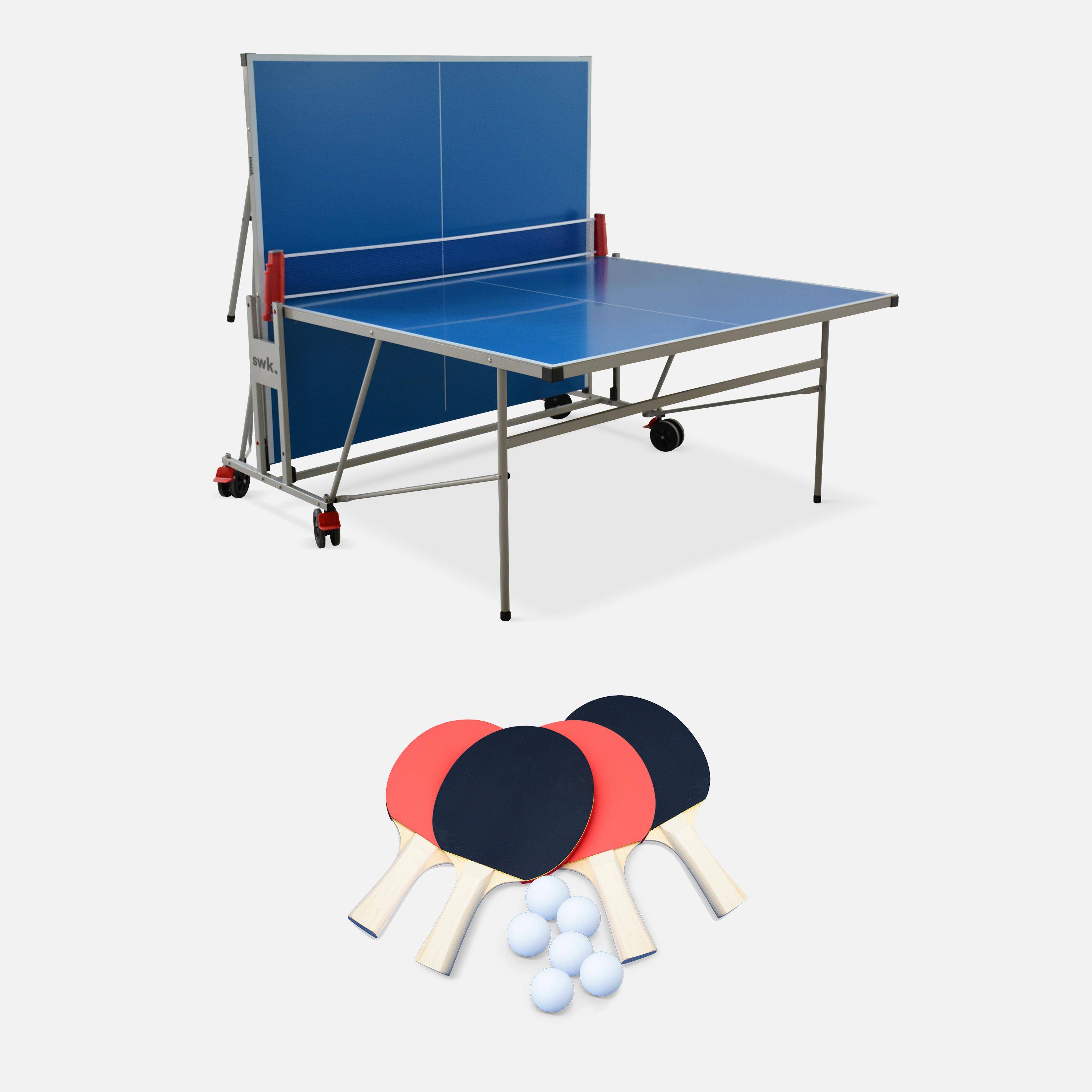 Table de ping pong OUTDOOR bleue - table pliable avec 4 raquettes et 6 balles, pour utilisation extérieure, sport tennis de table Photo4