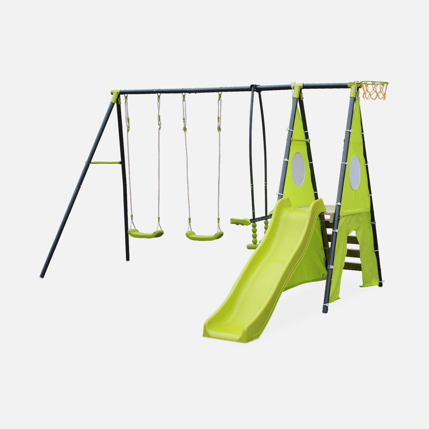 5-piece swing: 2 swings, 1 face to face, 1 slide, 1 basketball hoop, 1 climbing wall and 1 tipi, Libeccio Photo1