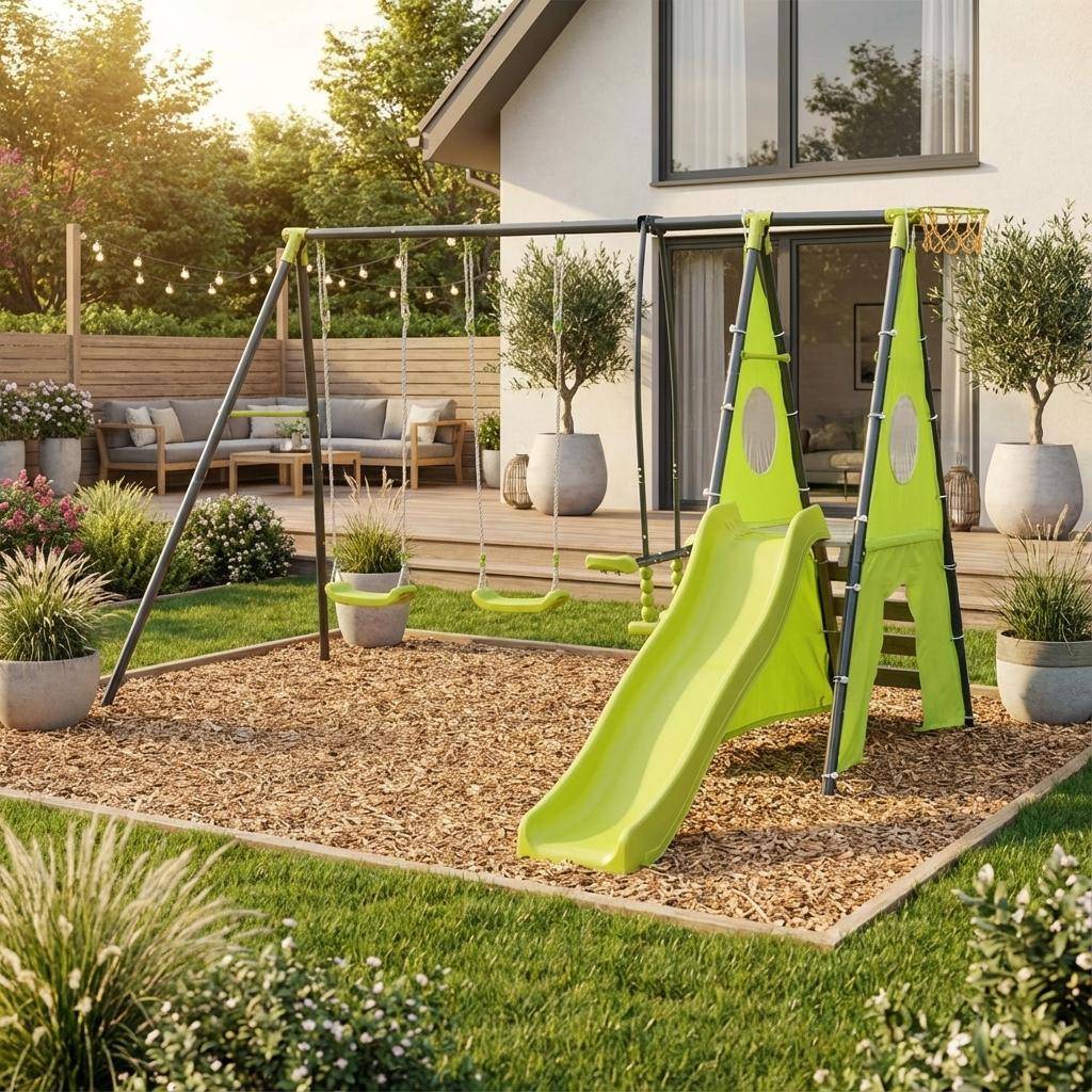 Parque infantil con columpio y tobogán Verde - 313x155x197 cm Photo1