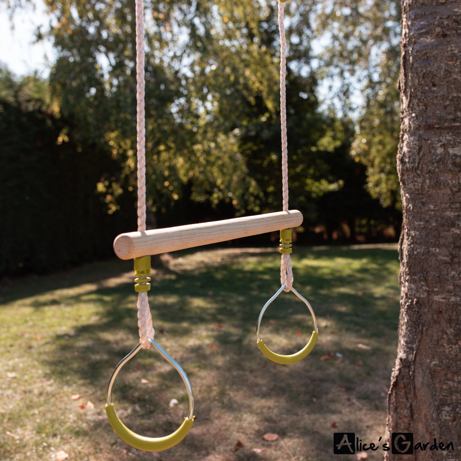 Trapèze bois avec paire d’anneaux métal pour portique de 2 à 2,5m, agrès balançoire, accessoire Photo1