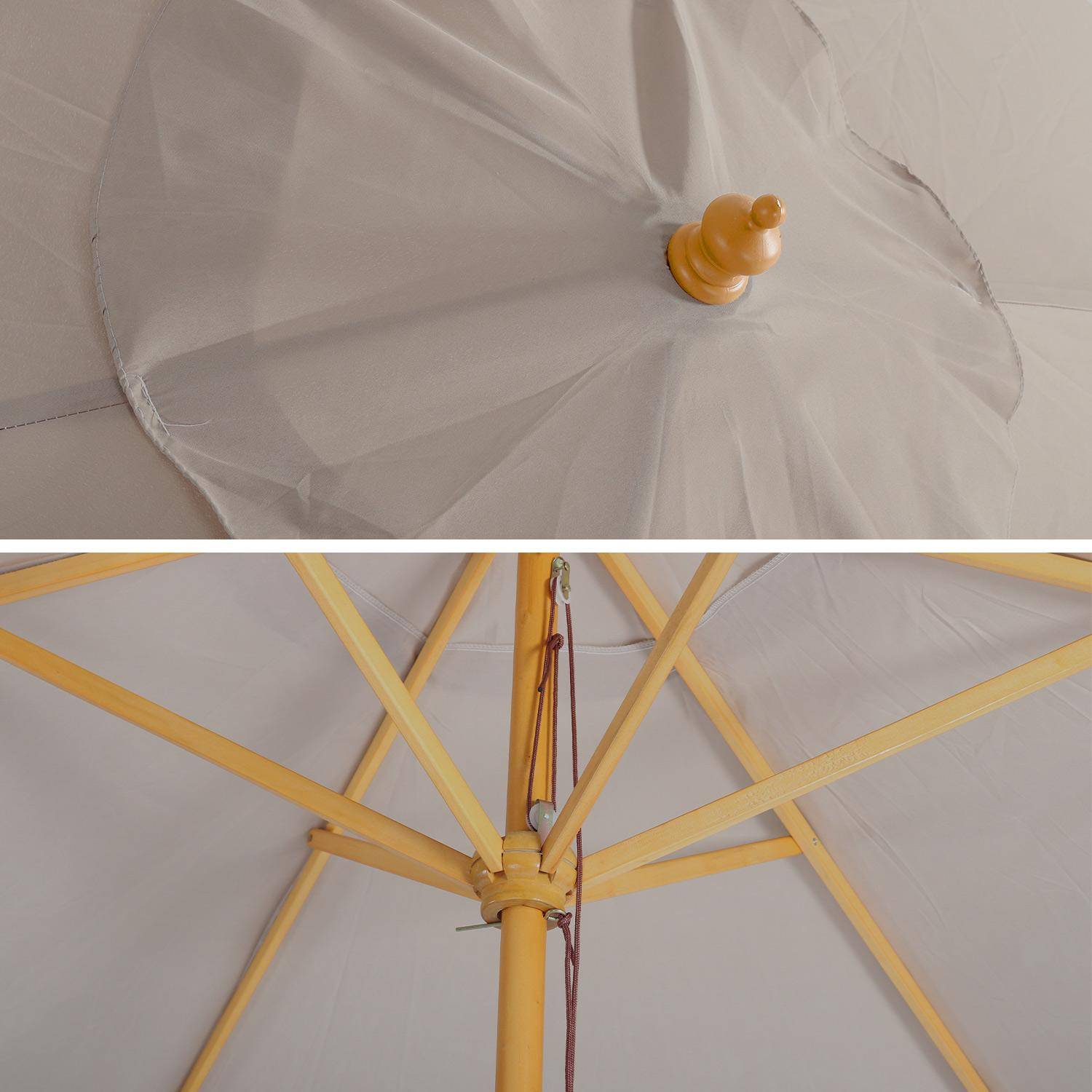 Parasol droit rond en bois 3m - Cabourg Beige - mât central en bois, Ø300cm, système d'ouverture manuelle, poulie,sweeek,Photo4