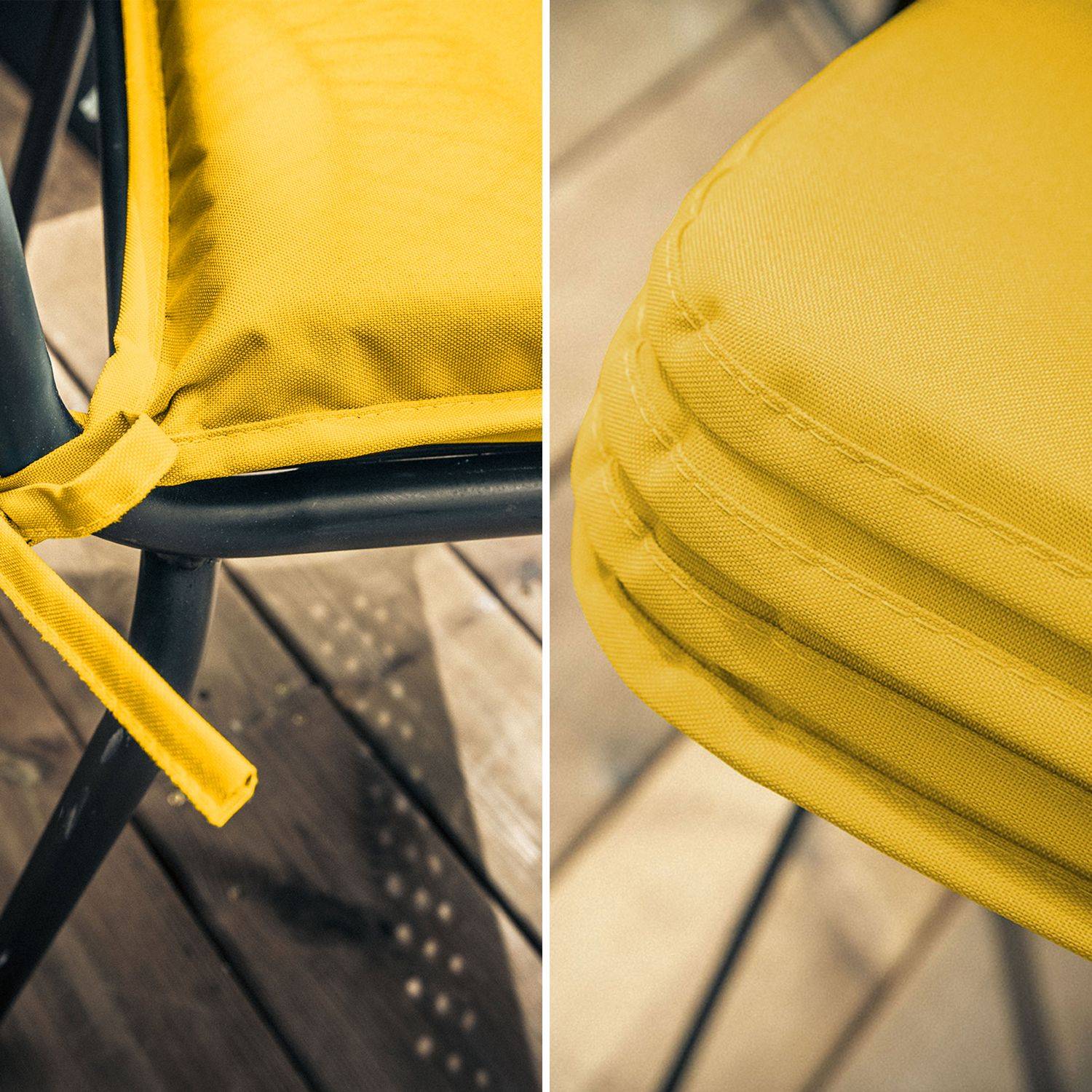 Lot de 4 galettes de chaise – 38 x 38 cm – Sunny (jaune), assise avec fixation à nœuds, bords gansés Photo3