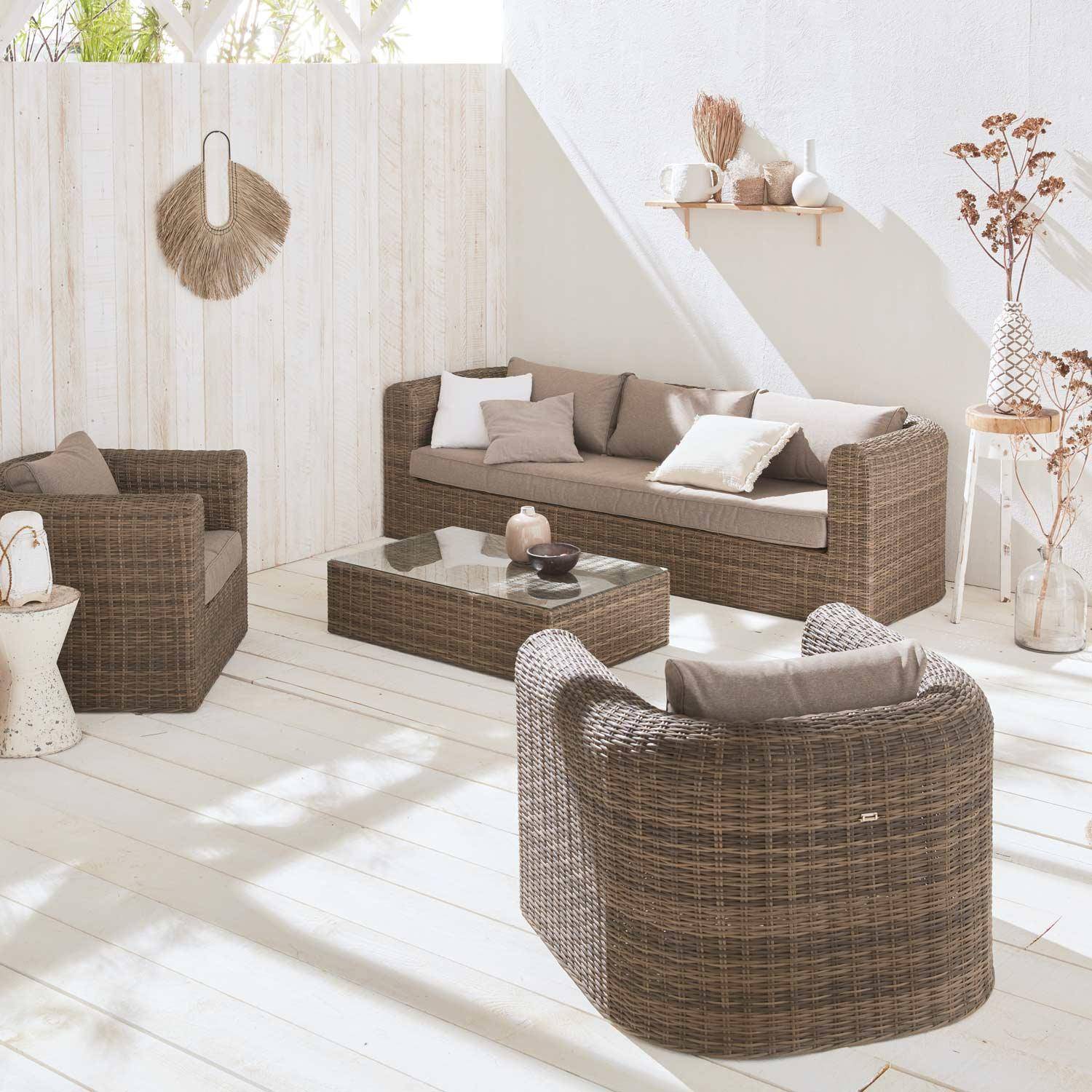 5-seater round rattan garden sofa set - 3-seater sofa, 2 armchairs, 1 coffee table - Juliano - Beige,sweeek,Photo1